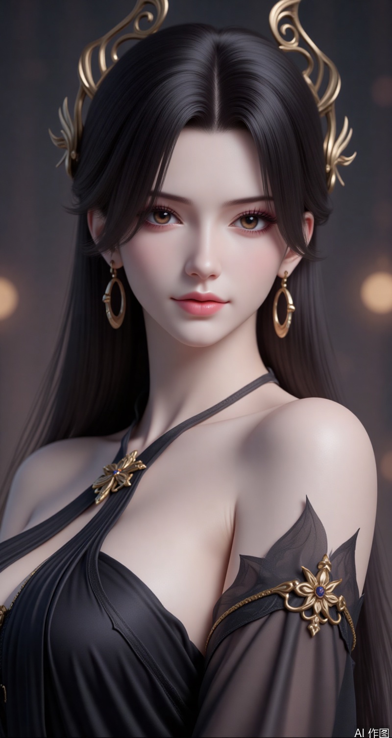 caoying,lvjing,black hair,long hair,brown eyes,fair_skin,jewelry,earrings,hair_ornament,girl,solo,jewelry,long hair,upper body,earrings,hair ornament,black dress,dress,black hair,looking at viewer,breasts,bare shoulders,closed mouth,realistic,blurry background,brown eyes,2,cover,simple background,gradient_background,Close-up details,outstanding style,adding a touch of dimension to your images without compromising details,close-up,