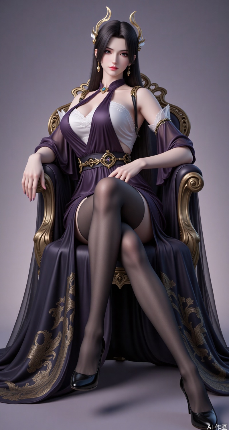 caoying,lvjing,black hair,long hair,brown eyes,fair_skin,jewelry,earrings,hair_ornament,1girl,high heels,sitting,solo,pantyhose,looking at viewer,black pantyhose,full body,throne,legs,dress,breasts,cover,simple background,gradient_background,Close-up details,outstanding style,adding a touch of dimension to your images without compromising details,close-up,lvjing,