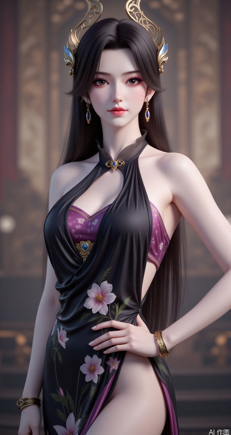 caoying,lvjing,black hair,long hair,brown eyes,fair_skin,jewelry,earrings,hair_ornament,fair_skin,1girl,dress,jewelry,earrings,china dress,chinese clothes,blurry background,blurry,breasts,solo,looking at viewer,hand on own hip,floral print,sleeveless,black dress,sleeveless dress,bracelet,parted lips,bare shoulders,side slit,cowboy shot,holding,cover,simple background,gradient_background,Close-up details,outstanding style,adding a touch of dimension to your images without compromising details,close-up,lvjing,absurdres,colorful,