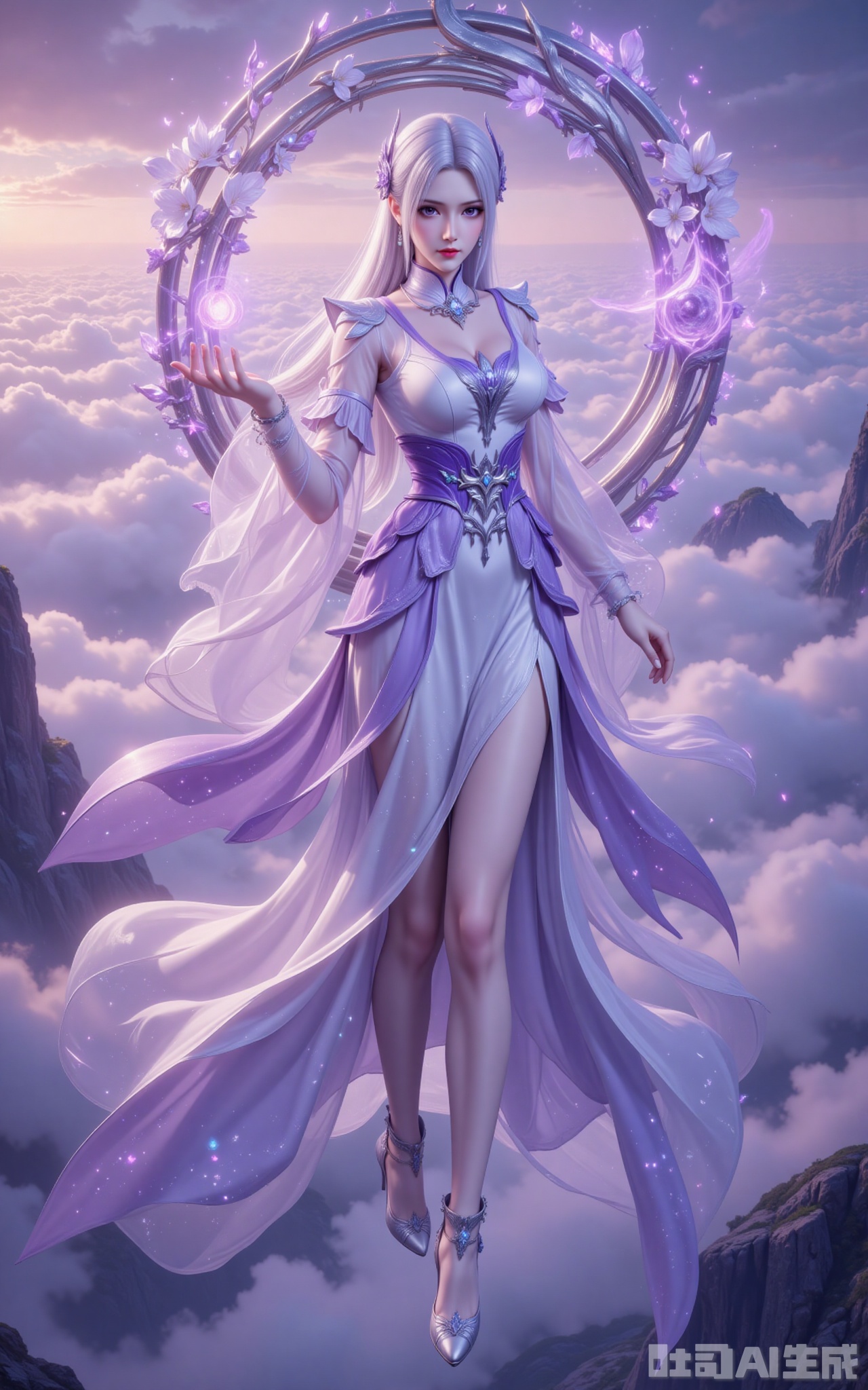 At the summit of the vast sea of clouds, the little medical immortal stood in mid-air, his sleeves fluttering gracefully. She was dressed in a magnificent long dress with white and purple stripes. The hem of the dress spread out like flowing clouds, and the silver embroidery glowed with a faint starlight in the morning light. The white hair is like snow, dancing gently in the wind, and the exquisite ornaments dotted between the hair emit a mysterious glow. Behind her, a huge Douzun ring was slowly spinning, with white and purple strange flowers entwined around its body. As the petals drifted, specks of fluorescence were scattered, as if it had gathered the spiritual essence of the universe. The purple eyes are as deep as a abyss, yet they exude a pure and ethereal aura. The slender legs were gently wrapped in semi-transparent white silk, and the faintly visible skin merged with the clouds and mist. The high heels under the feet were studded with crystals, and every step seemed to create energy ripples like ripples. In her palm, a mass of misty purple energy rose up. As the halo flowed, it seemed to contain the mystery of the cycle of life and death. The sea of clouds surged beneath her feet, and the rosy glow cast a hazy outline over her, as if a fairy from the nine heavens had descended to the mortal world, transcending the mundane yet exuding unparalleled charm.
lvjing,xiaoyixian
