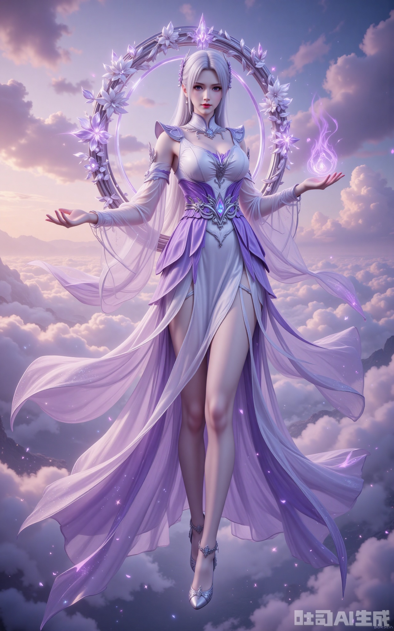 At the summit of the vast sea of clouds, the little medical immortal stood in mid-air, his sleeves fluttering gracefully. She was dressed in a magnificent long dress with white and purple stripes. The hem of the dress spread out like flowing clouds, and the silver embroidery glowed with a faint starlight in the morning light. The white hair is like snow, dancing gently in the wind, and the exquisite ornaments dotted between the hair emit a mysterious glow. Behind her, a huge Douzun ring was slowly spinning, with white and purple strange flowers entwined around its body. As the petals drifted, specks of fluorescence were scattered, as if it had gathered the spiritual essence of the universe. The purple eyes are as deep as a abyss, yet they exude a pure and ethereal aura. The slender legs were gently wrapped in semi-transparent white silk, and the faintly visible skin merged with the clouds and mist. The high heels under the feet were studded with crystals, and every step seemed to create energy ripples like ripples. In her palm, a mass of misty purple energy rose up. As the halo flowed, it seemed to contain the mystery of the cycle of life and death. The sea of clouds surged beneath her feet, and the rosy glow cast a hazy outline over her, as if a fairy from the nine heavens had descended to the mortal world, transcending the mundane yet exuding unparalleled charm.
lvjing,xiaoyixian