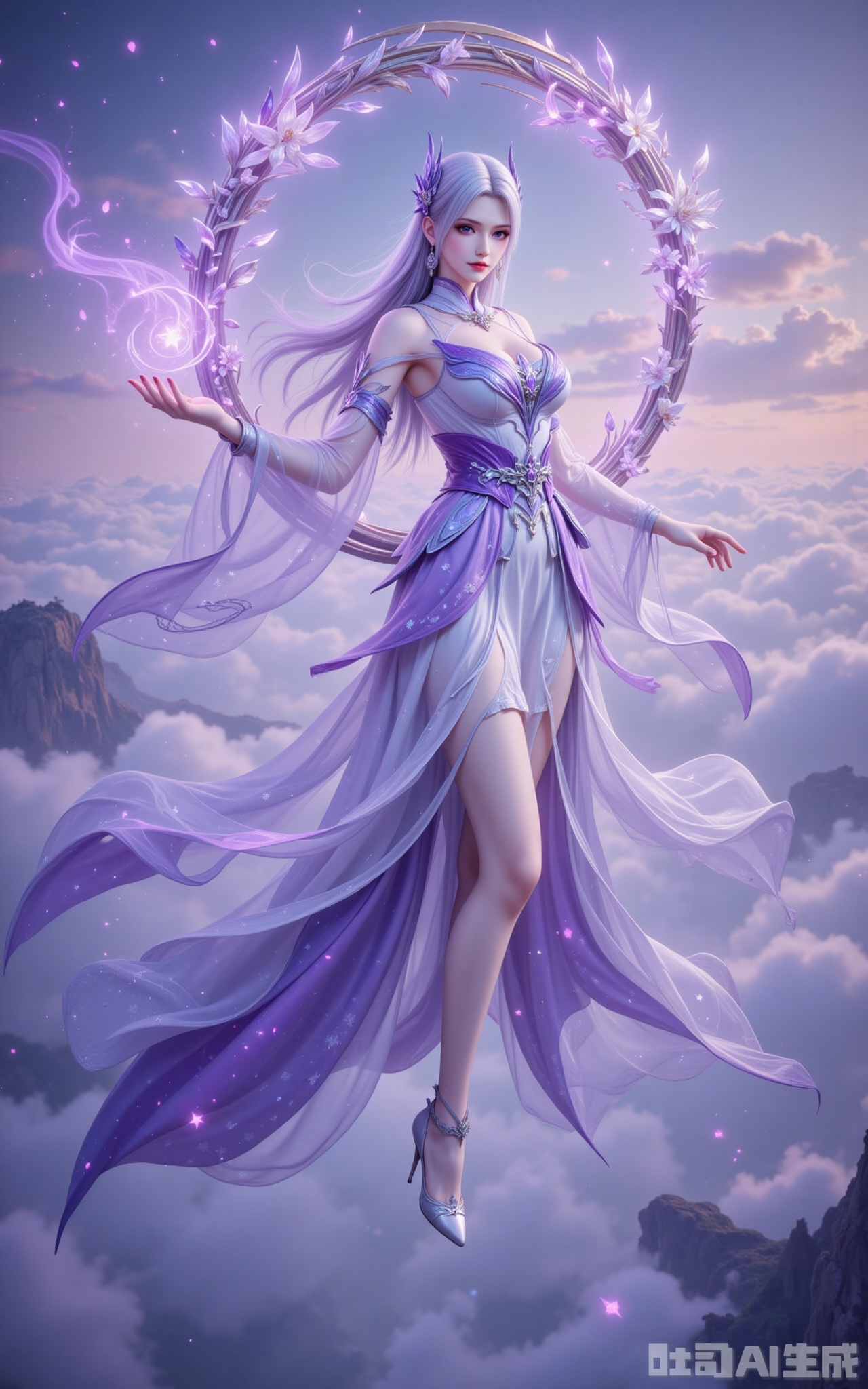 At the summit of the vast sea of clouds, the little medical immortal stood in mid-air, his sleeves fluttering gracefully. She was dressed in a magnificent long dress with white and purple stripes. The hem of the dress spread out like flowing clouds, and the silver embroidery glowed with a faint starlight in the morning light. The white hair is like snow, dancing gently in the wind, and the exquisite ornaments dotted between the hair emit a mysterious glow. Behind her, a huge Douzun ring was slowly spinning, with white and purple strange flowers entwined around its body. As the petals drifted, specks of fluorescence were scattered, as if it had gathered the spiritual essence of the universe. The purple eyes are as deep as a abyss, yet they exude a pure and ethereal aura. The slender legs were gently wrapped in semi-transparent white silk, and the faintly visible skin merged with the clouds and mist. The high heels under the feet were studded with crystals, and every step seemed to create energy ripples like ripples. In her palm, a mass of misty purple energy rose up. As the halo flowed, it seemed to contain the mystery of the cycle of life and death. The sea of clouds surged beneath her feet, and the rosy glow cast a hazy outline over her, as if a fairy from the nine heavens had descended to the mortal world, transcending the mundane yet exuding unparalleled charm.
lvjing,xiaoyixian