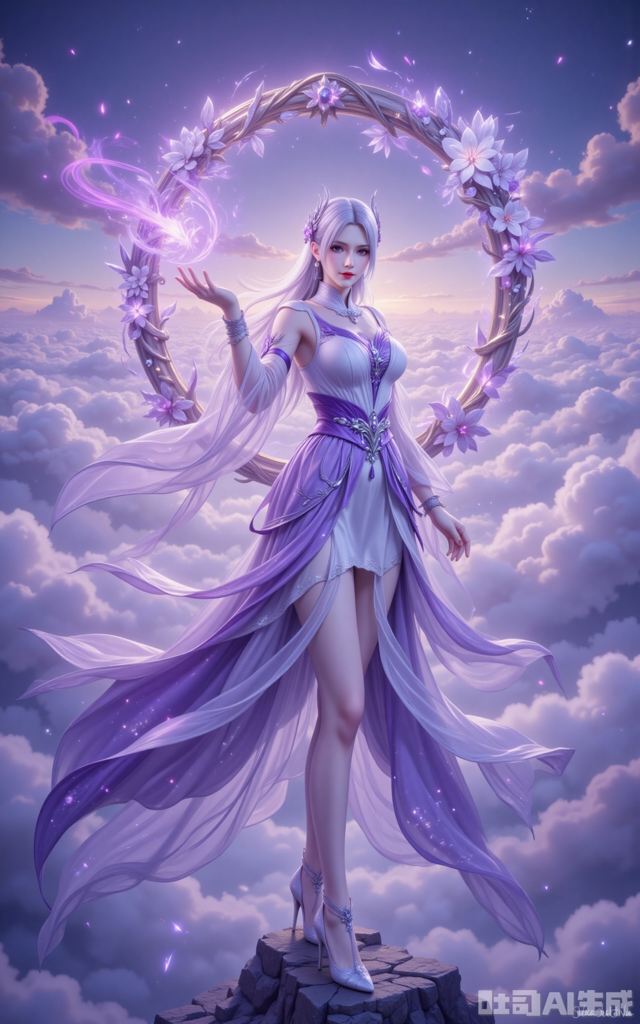At the summit of the vast sea of clouds, the little medical immortal stood in mid-air, his sleeves fluttering gracefully. She was dressed in a magnificent long dress with white and purple stripes. The hem of the dress spread out like flowing clouds, and the silver embroidery glowed with a faint starlight in the morning light. The white hair is like snow, dancing gently in the wind, and the exquisite ornaments dotted between the hair emit a mysterious glow. Behind her, a huge Douzun ring was slowly spinning, with white and purple strange flowers entwined around its body. As the petals drifted, specks of fluorescence were scattered, as if it had gathered the spiritual essence of the universe. The purple eyes are as deep as a abyss, yet they exude a pure and ethereal aura. The slender legs were gently wrapped in semi-transparent white silk, and the faintly visible skin merged with the clouds and mist. The high heels under the feet were studded with crystals, and every step seemed to create energy ripples like ripples. In her palm, a mass of misty purple energy rose up. As the halo flowed, it seemed to contain the mystery of the cycle of life and death. The sea of clouds surged beneath her feet, and the rosy glow cast a hazy outline over her, as if a fairy from the nine heavens had descended to the mortal world, transcending the mundane yet exuding unparalleled charm.
lvjing,xiaoyixian