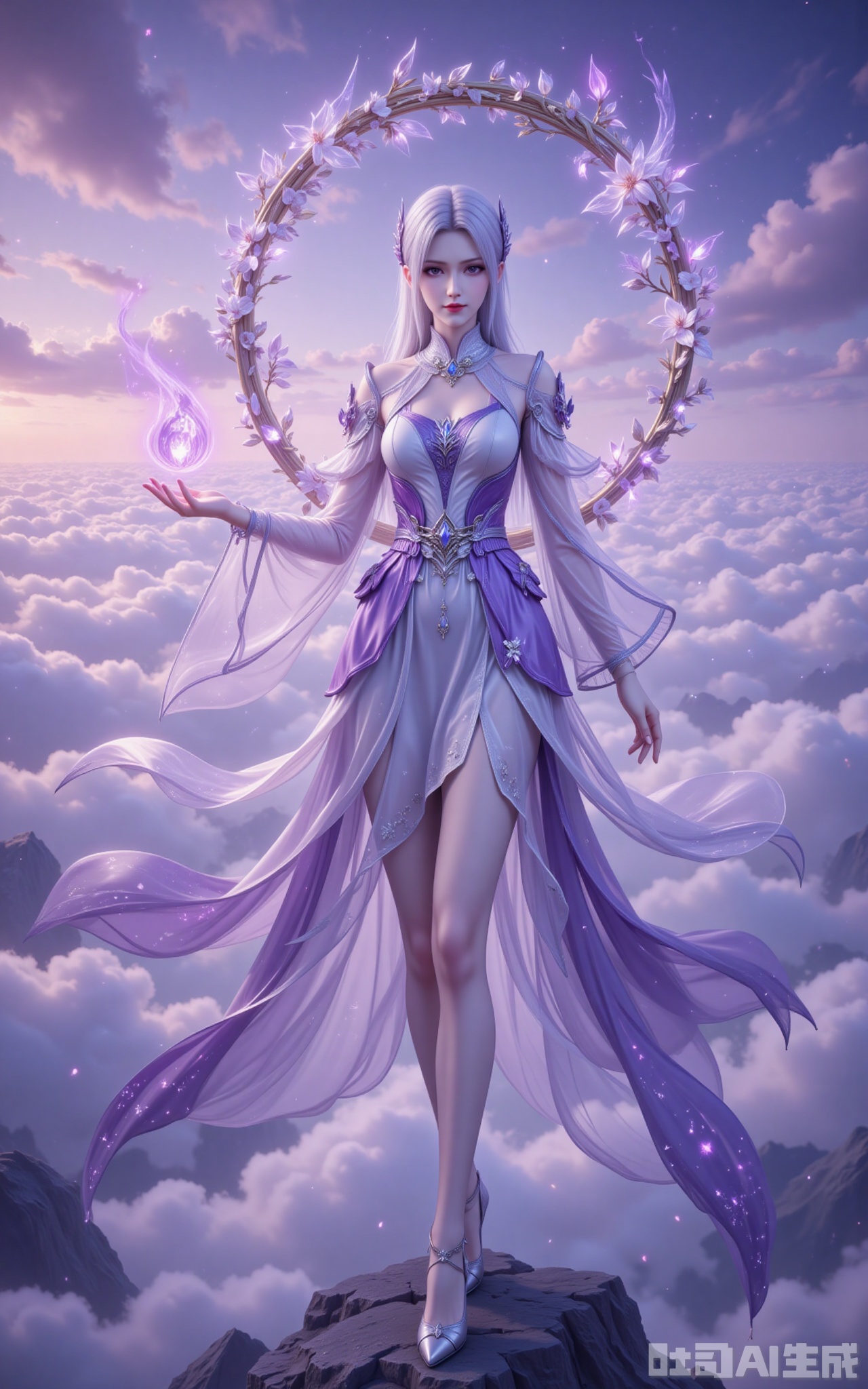 At the summit of the vast sea of clouds, the little medical immortal stood in mid-air, his sleeves fluttering gracefully. She was dressed in a magnificent long dress with white and purple stripes. The hem of the dress spread out like flowing clouds, and the silver embroidery glowed with a faint starlight in the morning light. The white hair is like snow, dancing gently in the wind, and the exquisite ornaments dotted between the hair emit a mysterious glow. Behind her, a huge Douzun ring was slowly spinning, with white and purple strange flowers entwined around its body. As the petals drifted, specks of fluorescence were scattered, as if it had gathered the spiritual essence of the universe. The purple eyes are as deep as a abyss, yet they exude a pure and ethereal aura. The slender legs were gently wrapped in semi-transparent white silk, and the faintly visible skin merged with the clouds and mist. The high heels under the feet were studded with crystals, and every step seemed to create energy ripples like ripples. In her palm, a mass of misty purple energy rose up. As the halo flowed, it seemed to contain the mystery of the cycle of life and death. The sea of clouds surged beneath her feet, and the rosy glow cast a hazy outline over her, as if a fairy from the nine heavens had descended to the mortal world, transcending the mundane yet exuding unparalleled charm.
lvjing,xiaoyixian