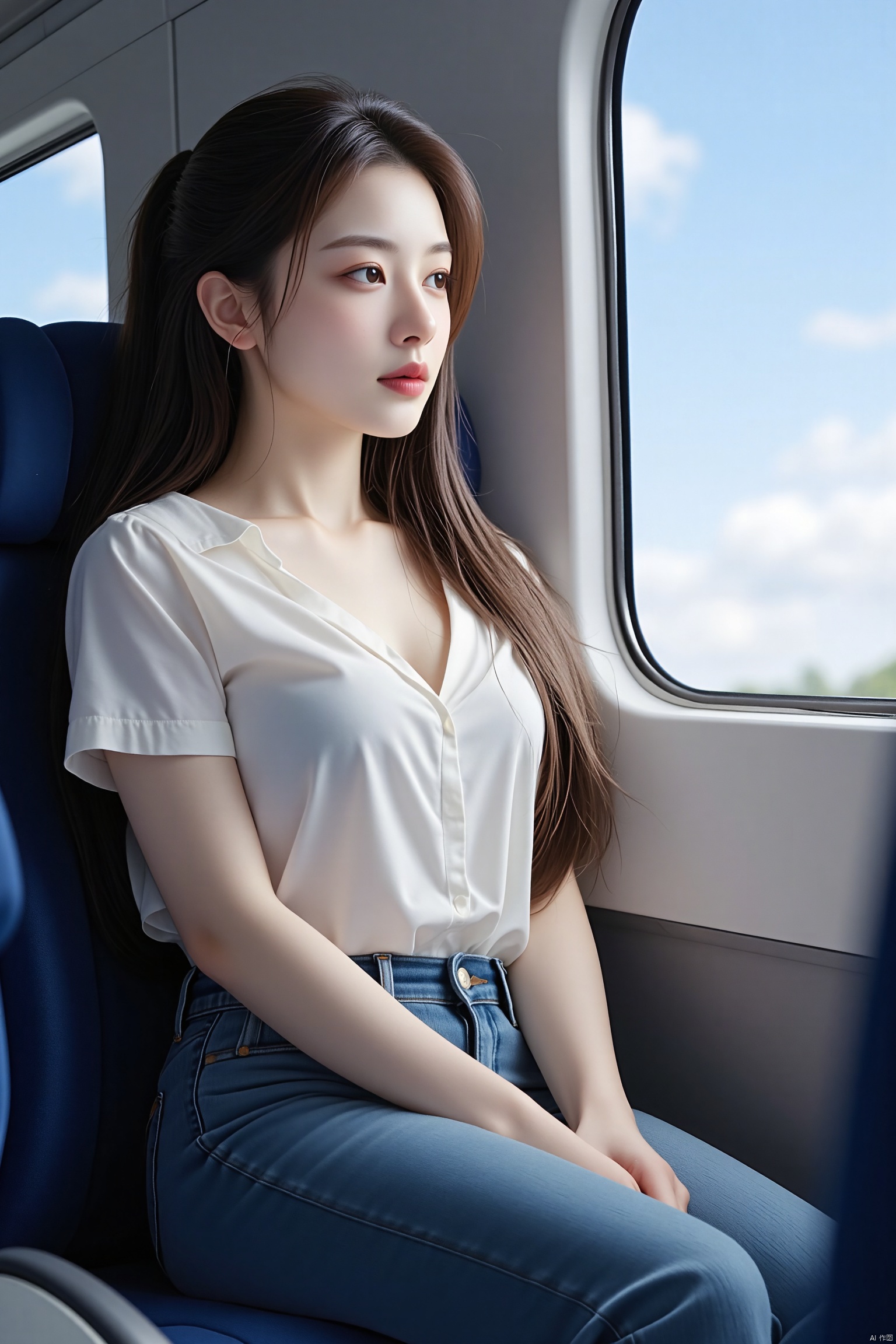 1girl, solo, long hair, breasts, large breasts, brown hair, shirt, cleavage, brown eyes, sitting, collarbone, white shirt, ponytail, short sleeves, sky, day, pants, window, looking away, denim, ground vehicle, jeans,  train interior, seat,