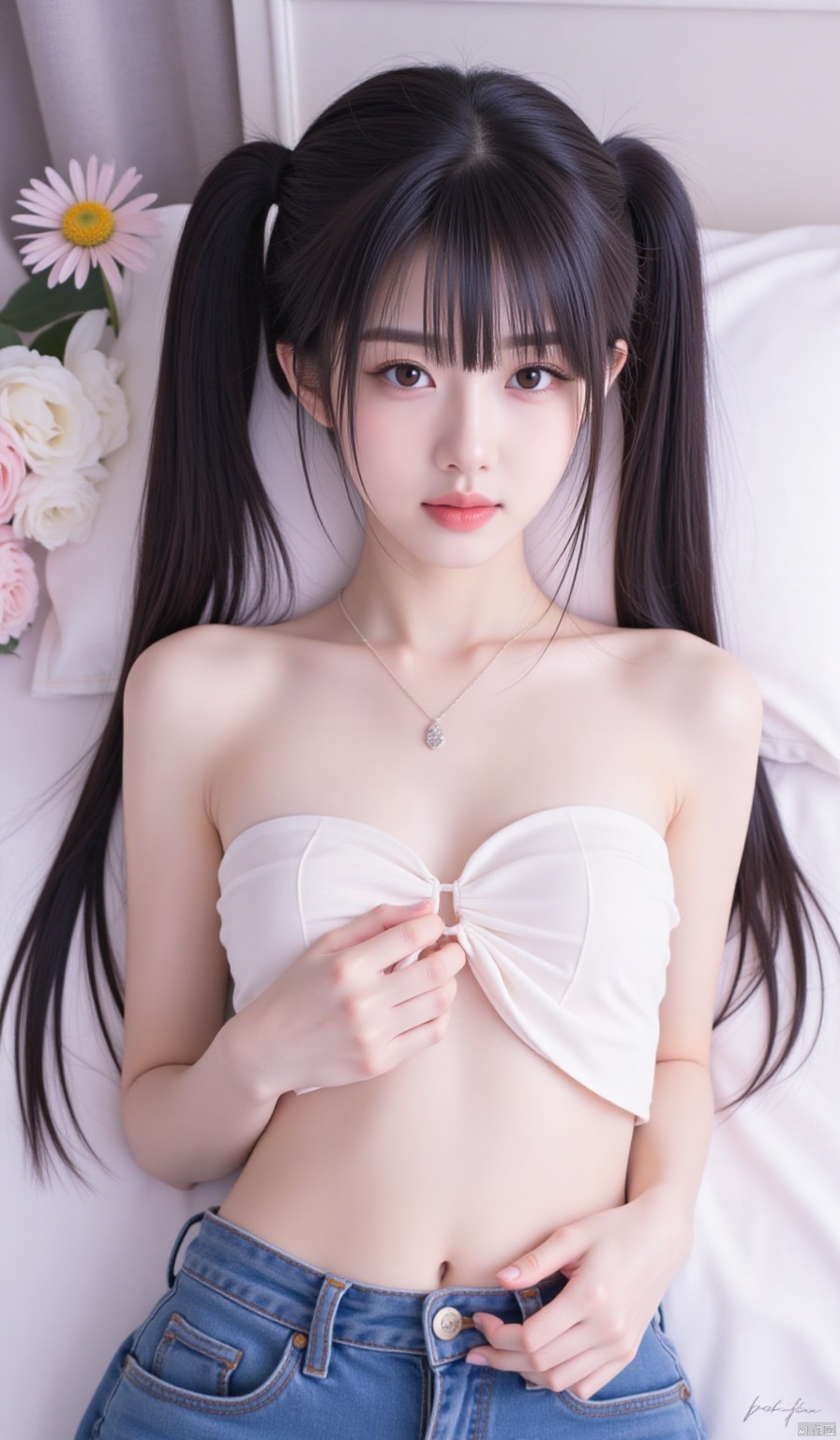 1girl, solo, long hair, looking at viewer, black hair,twintails, brown eyes, jewelry, lying, unzipped, open fly,(Navel, the buttons that are unlocked),closed mouth, flower, midriff,indoors, necklace, pillow, strapless, bed,curtains, bandeau,vase, midriff, stomach, jeans, tube top,sleeveless