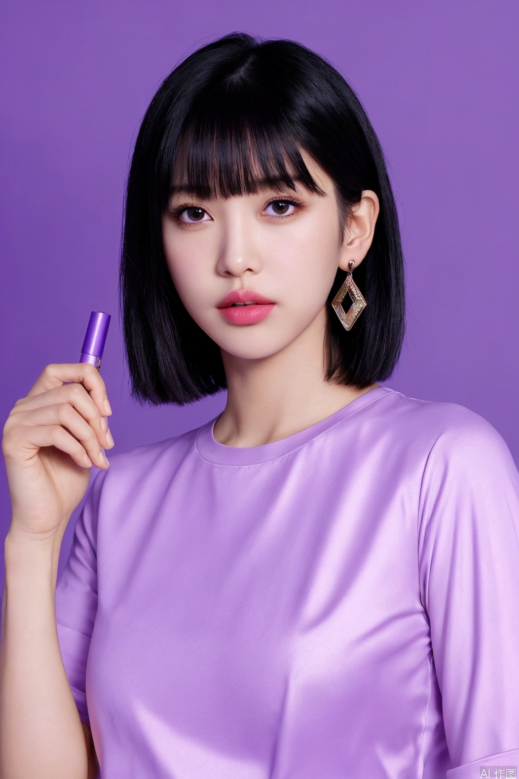 1girl, solo, looking at viewer, short hair, bangs, shirt, black hair, holding, jewelry, upper body, earrings, black eyes, lips, purple background, realistic
