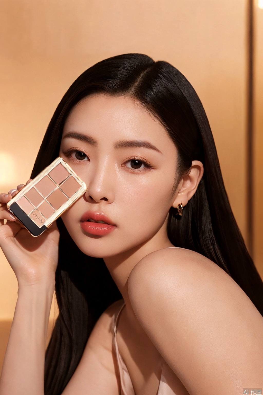 1girl, solo, long hair, looking at viewer, black hair, holding, jewelry, upper body, earrings, parted lips, mole, black eyes, lips, mole under eye, phone, cellphone, holding phone, realistic