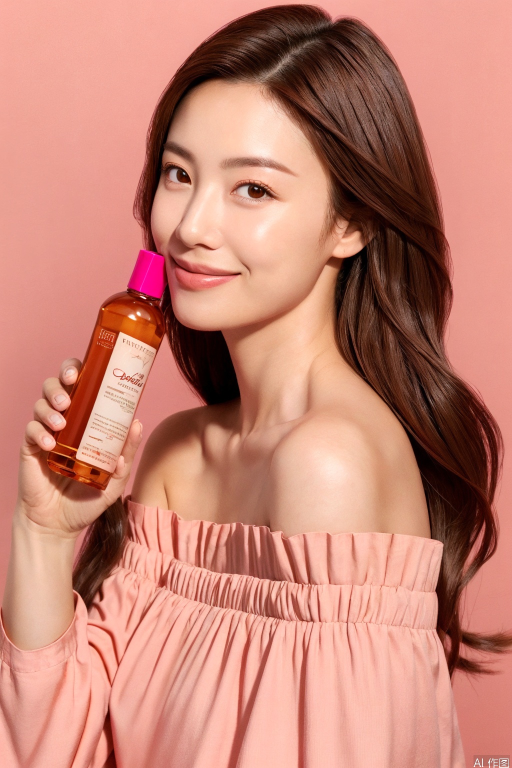 1girl, solo, long hair, looking at viewer, smile, brown hair, shirt, holding, bare shoulders, brown eyes, upper body, off shoulder, lips, bottle, pink shirt, realistic