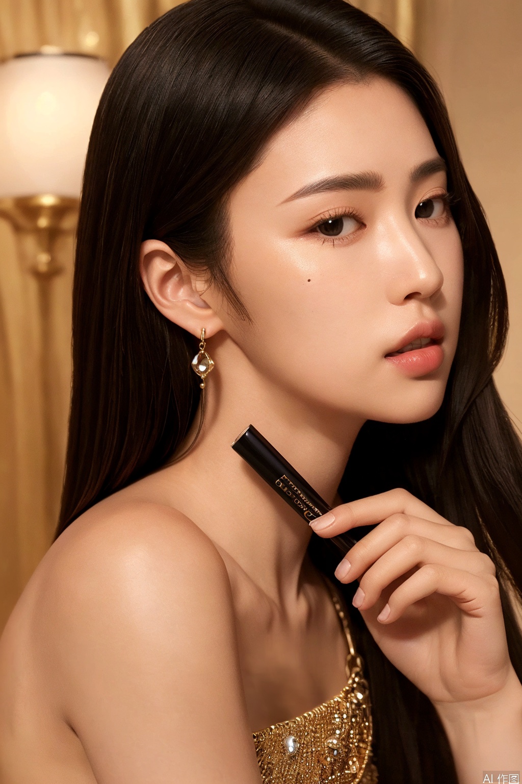 1girl, solo, long hair, looking at viewer, black hair, holding, jewelry, upper body, earrings, parted lips, mole, black eyes, lips, mole under eye,  realistic