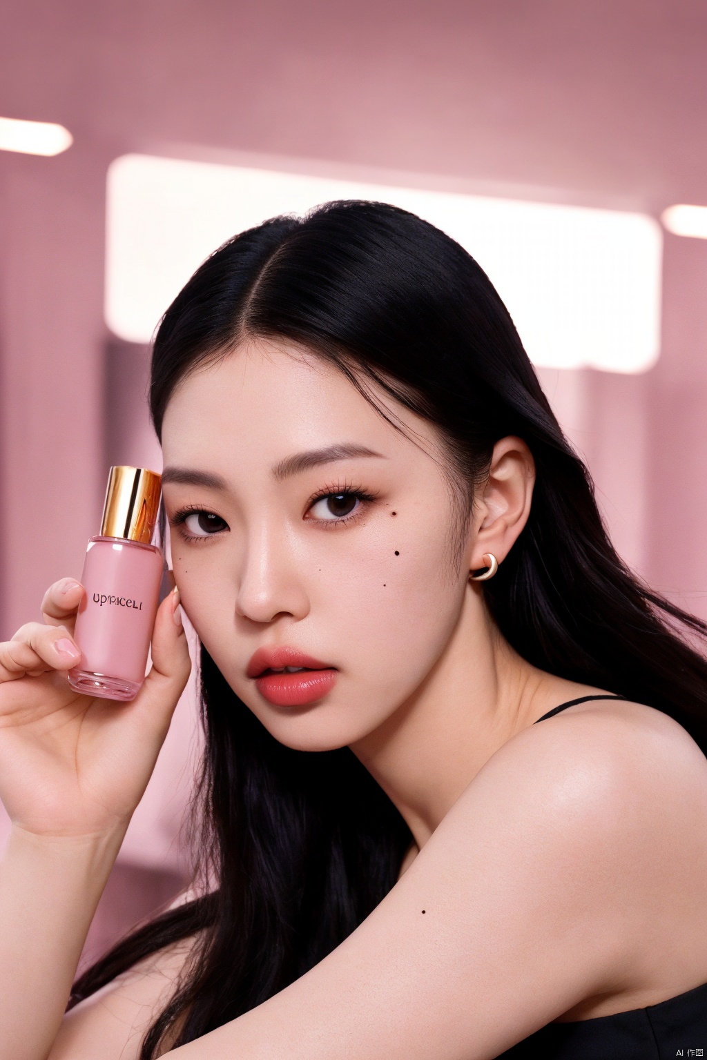 1girl, solo, long hair, looking at viewer, black hair, holding, jewelry, upper body, earrings, parted lips, mole, black eyes, lips, mole under eye, phone, cellphone, holding phone, realistic