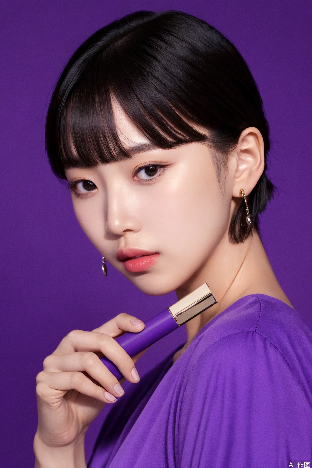 1girl, solo, looking at viewer, short hair, bangs, shirt, black hair, holding, jewelry, upper body, earrings, black eyes, lips, purple background, realistic