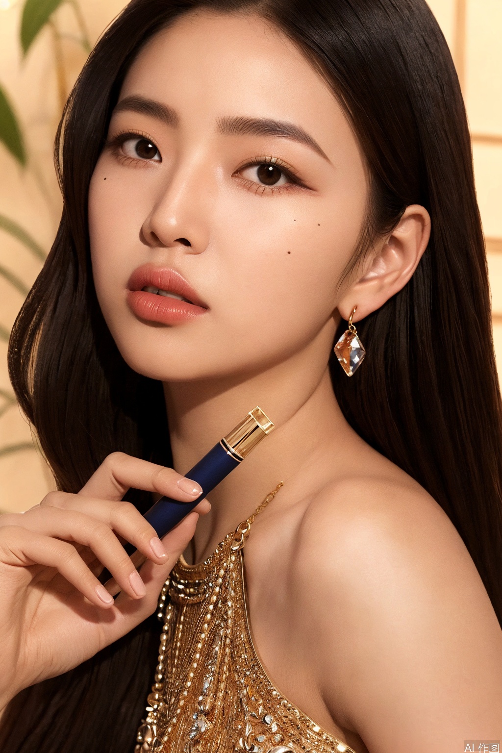 1girl, solo, long hair, looking at viewer, black hair, holding, jewelry, upper body, earrings, parted lips, mole, black eyes, lips, mole under eye,  realistic