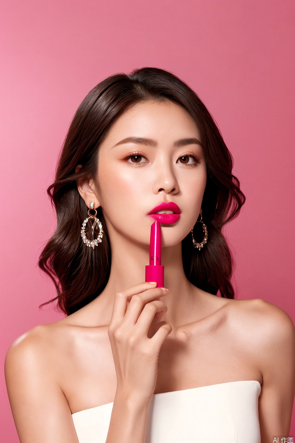 1girl, solo, looking at viewer, brown hair, black hair, dress, bare shoulders, brown eyes, jewelry, upper body, earrings, parted lips, black eyes, lips, makeup, pink background, lipstick, realistic, cosmetics, lipstick tube