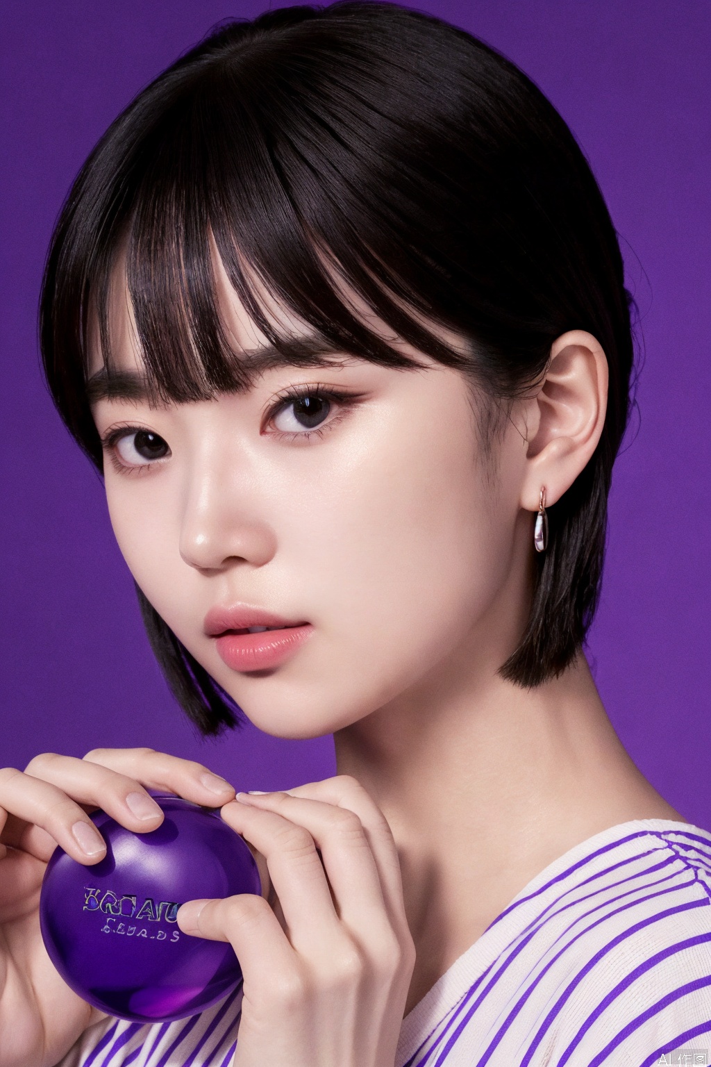 1girl, solo, looking at viewer, short hair, bangs, shirt, black hair, holding, jewelry, upper body, earrings, black eyes, lips, purple background, realistic