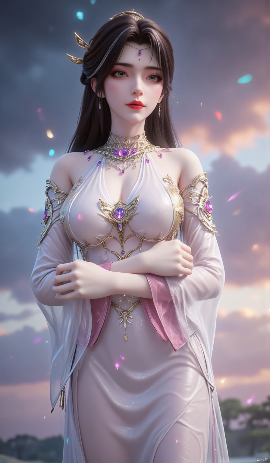 A graceful maiden in a crystal dress with multicolored reflections, rainbow prism effect, floating in an aurora-lit sky, shimmering fabric, ethereal glow, highly detailed, 4k resolution.
描述：