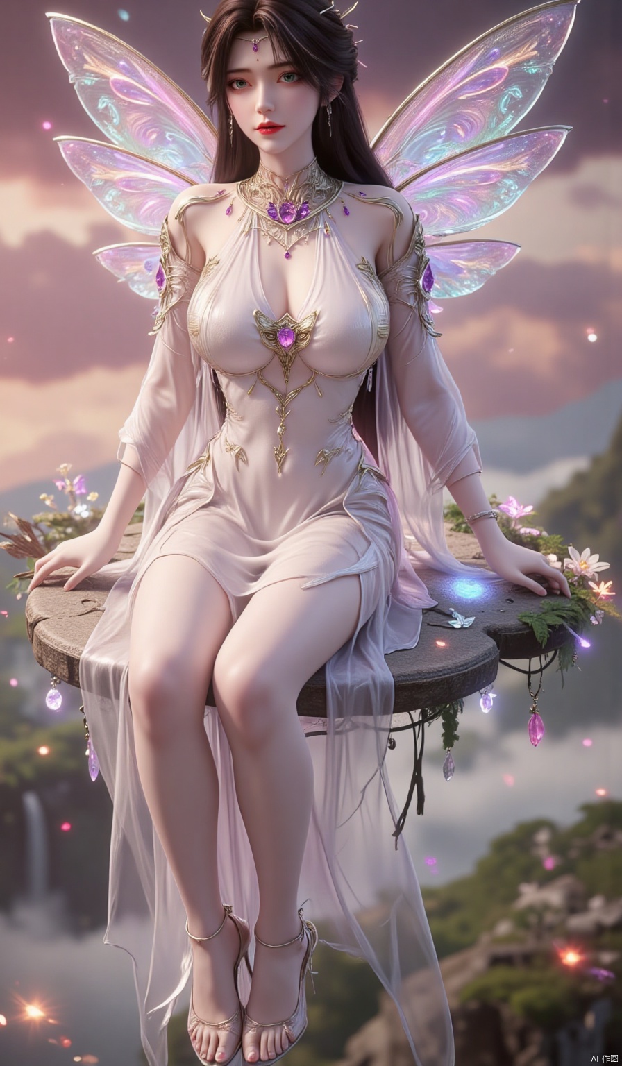 ,1girl,looking_at_viewer,huge_breasts,,long legs,realistic,A captivating fantasy elf portrait set in a surreal, floating garden in the sky. The elf, with iridescent, translucent wings like those of a dragonfly, sits gracefully on a floating crystal lily pad. Her flowing hair shimmers with every color of the rainbow and cascades down, merging with the floating flora around her. Her eyes are deep pools of starlight, and her delicate, silver gown is adorned with tiny, twinkling constellations. The garden is filled with glowing, bioluminescent flowers and whimsical, hovering orbs of light. The backdrop features a swirling nebula sky with vibrant hues of pink and purple, creating a dreamlike, cosmic atmosphere. The portrait combines elements of ethereal beauty and celestial wonder, blending fantasy with a touch of otherworldly magic.,high_heel,, argyle legwear,star \(symbol\,yeqingxian,brown hair