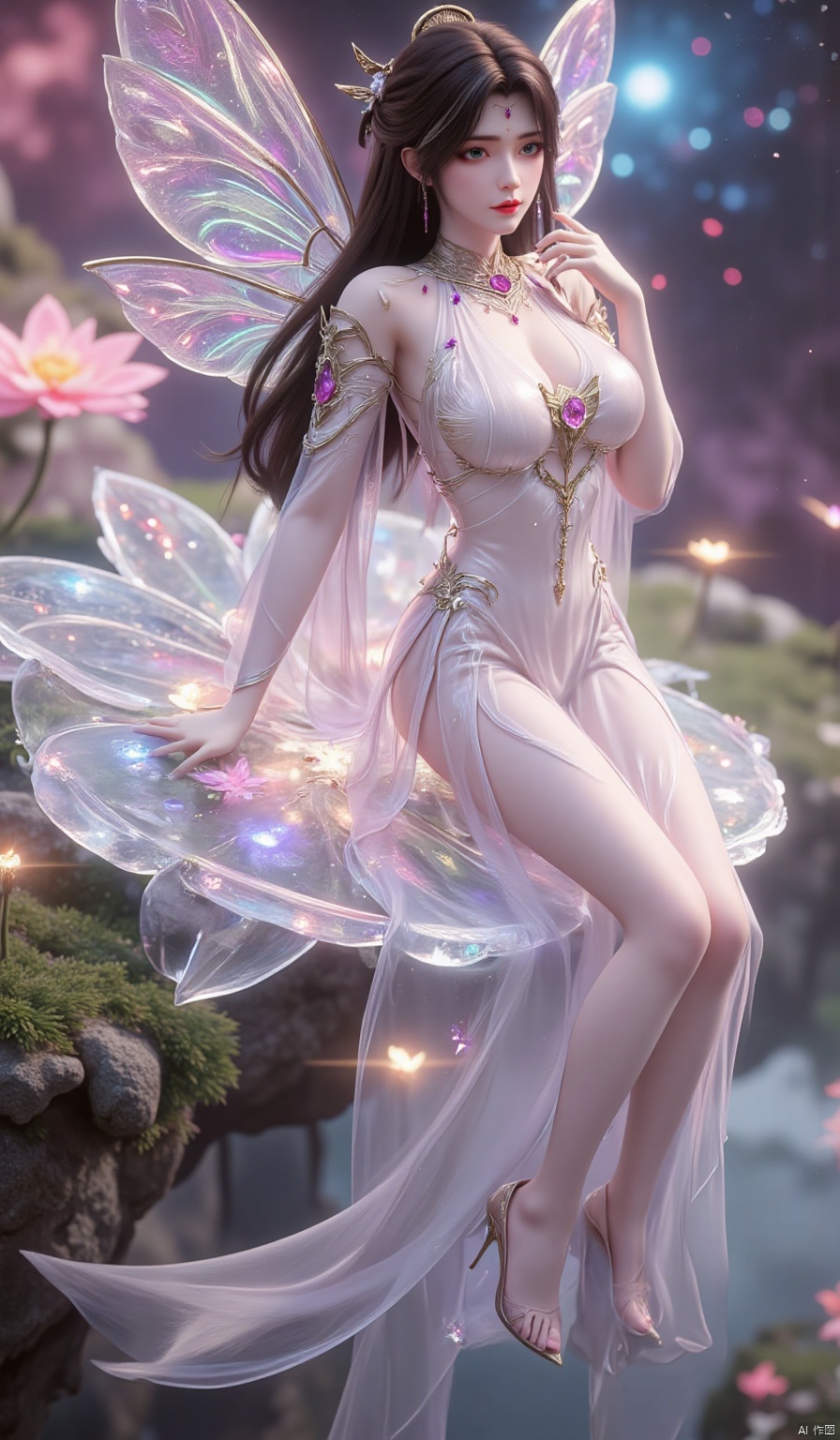 ,1girl,looking_at_viewer,huge_breasts,,long legs,realistic,A captivating fantasy elf portrait set in a surreal, floating garden in the sky. The elf, with iridescent, translucent wings like those of a dragonfly, sits gracefully on a floating crystal lily pad. Her flowing hair shimmers with every color of the rainbow and cascades down, merging with the floating flora around her. Her eyes are deep pools of starlight, and her delicate, silver gown is adorned with tiny, twinkling constellations. The garden is filled with glowing, bioluminescent flowers and whimsical, hovering orbs of light. The backdrop features a swirling nebula sky with vibrant hues of pink and purple, creating a dreamlike, cosmic atmosphere. The portrait combines elements of ethereal beauty and celestial wonder, blending fantasy with a touch of otherworldly magic.,high_heel,, argyle legwear,star \(symbol\,yeqingxian,brown hair