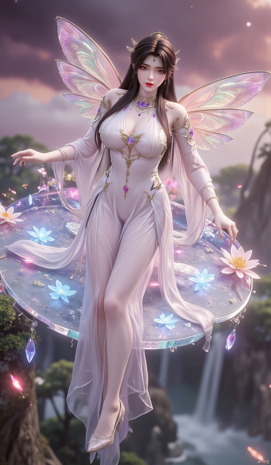 ,1girl,looking_at_viewer,huge_breasts,,long legs,realistic,A captivating fantasy elf portrait set in a surreal, floating garden in the sky. The elf, with iridescent, translucent wings like those of a dragonfly, sits gracefully on a floating crystal lily pad. Her flowing hair shimmers with every color of the rainbow and cascades down, merging with the floating flora around her. Her eyes are deep pools of starlight, and her delicate, silver gown is adorned with tiny, twinkling constellations. The garden is filled with glowing, bioluminescent flowers and whimsical, hovering orbs of light. The backdrop features a swirling nebula sky with vibrant hues of pink and purple, creating a dreamlike, cosmic atmosphere. The portrait combines elements of ethereal beauty and celestial wonder, blending fantasy with a touch of otherworldly magic.,high_heel,, argyle legwear,star \(symbol\,yeqingxian,brown hair