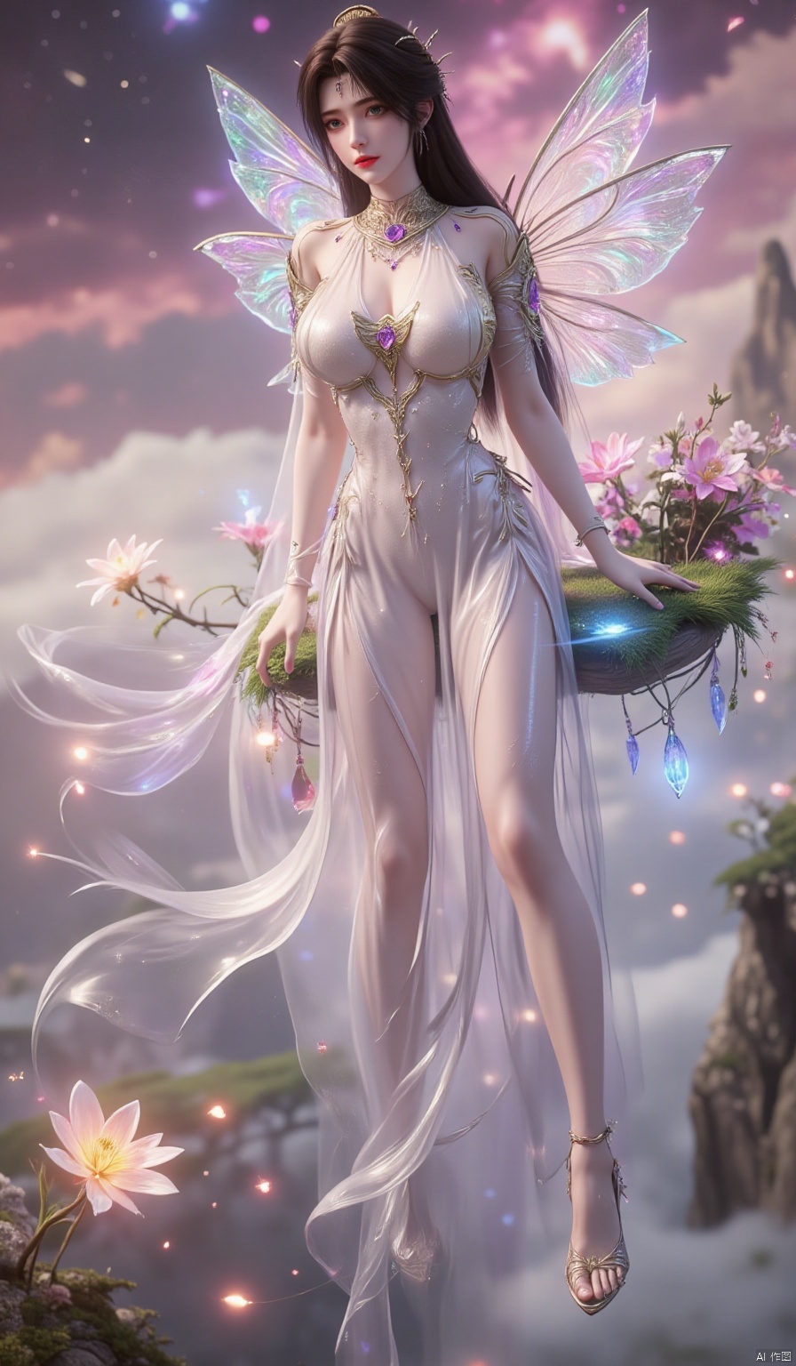 ,1girl,looking_at_viewer,huge_breasts,,long legs,realistic,A captivating fantasy elf portrait set in a surreal, floating garden in the sky. The elf, with iridescent, translucent wings like those of a dragonfly, sits gracefully on a floating crystal lily pad. Her flowing hair shimmers with every color of the rainbow and cascades down, merging with the floating flora around her. Her eyes are deep pools of starlight, and her delicate, silver gown is adorned with tiny, twinkling constellations. The garden is filled with glowing, bioluminescent flowers and whimsical, hovering orbs of light. The backdrop features a swirling nebula sky with vibrant hues of pink and purple, creating a dreamlike, cosmic atmosphere. The portrait combines elements of ethereal beauty and celestial wonder, blending fantasy with a touch of otherworldly magic.,high_heel,, argyle legwear,star \(symbol\,yeqingxian,brown hair