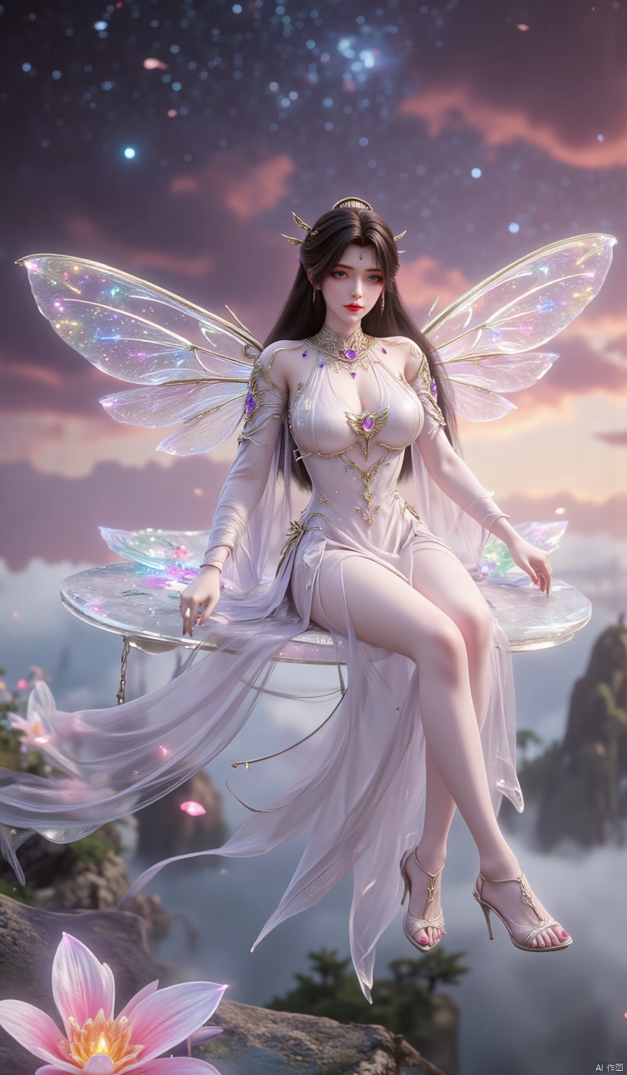 ,1girl,looking_at_viewer,huge_breasts,,long legs,realistic,A captivating fantasy elf portrait set in a surreal, floating garden in the sky. The elf, with iridescent, translucent wings like those of a dragonfly, sits gracefully on a floating crystal lily pad. Her flowing hair shimmers with every color of the rainbow and cascades down, merging with the floating flora around her. Her eyes are deep pools of starlight, and her delicate, silver gown is adorned with tiny, twinkling constellations. The garden is filled with glowing, bioluminescent flowers and whimsical, hovering orbs of light. The backdrop features a swirling nebula sky with vibrant hues of pink and purple, creating a dreamlike, cosmic atmosphere. The portrait combines elements of ethereal beauty and celestial wonder, blending fantasy with a touch of otherworldly magic.,high_heel,, argyle legwear,star \(symbol\,yeqingxian,brown hair