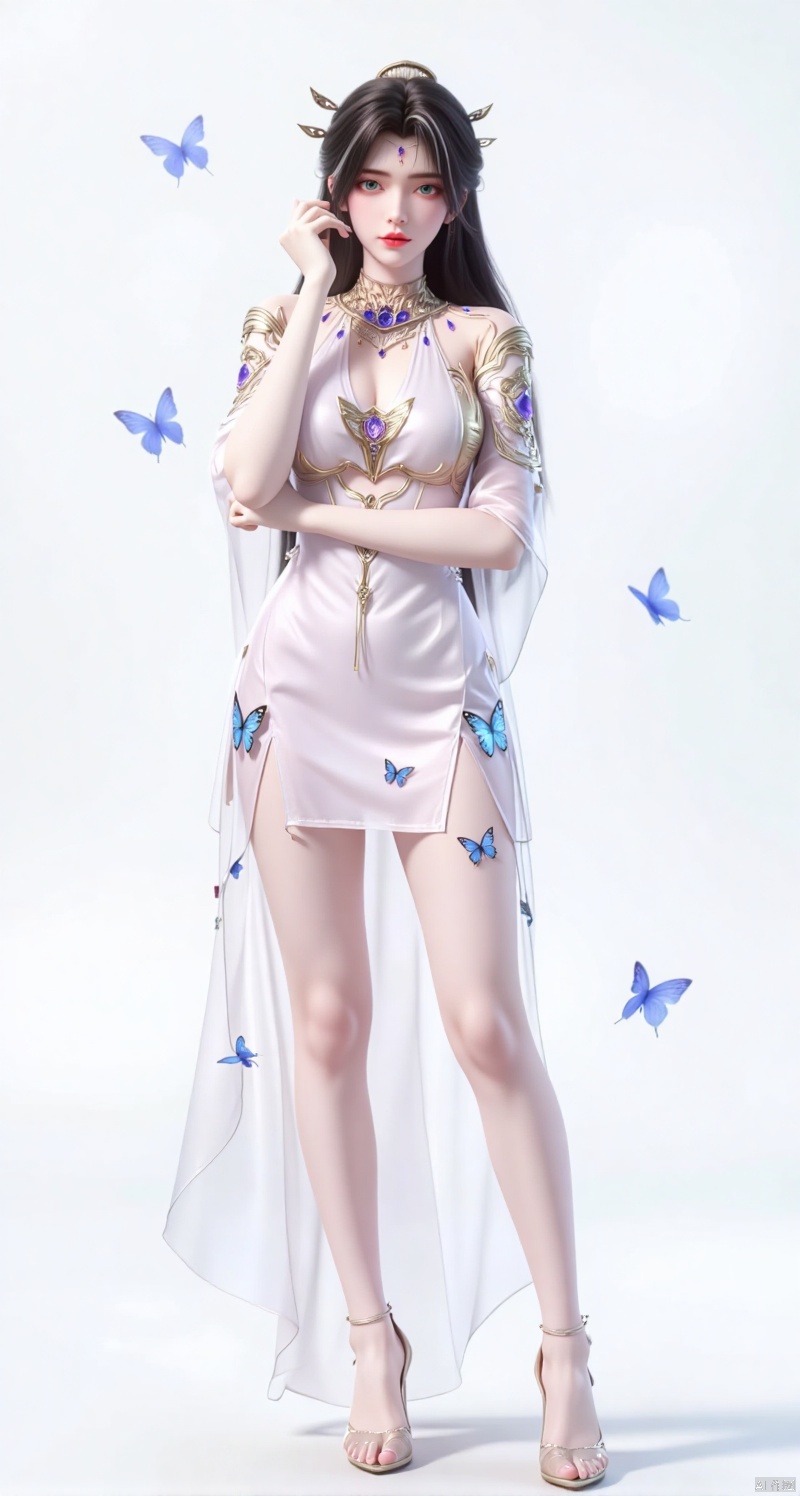 A beautiful young woman with fair skin and delicate features. She has long, glossy black hair, which is slightly curly and naturally scattered on her shoulders. Her eyes are big and bright, and her eyes are gentle and deep.

She wore a light pink suspender skirt, which was dotted with blue butterfly patterns. These butterfly patterns were so lifelike that they seemed to be dancing on the skirt. The material of the skirt looks soft and smooth, shimmering slightly in the light.

Her headpiece is a white gauze headpiece decorated with blue beads and crystals that echo the butterfly pattern on her eyes and dress. The design of the headdress is both elegant and mysterious, adding a touch of magic to her overall look.

The background is a light white color, creating a dreamy and peaceful atmosphere. There are also some blue light spots and butterflies scattered in the background. These elements echo with the blue decoration on her body, creating a harmonious and unified visual effect.

The overall style is beautiful and dreamy, with black, white and blue as the main colors used, forming a sharp contrast and layering. The woman's posture is natural and elegant, as if she were a princess coming out of a fairy tale world.,
, Full body, long legs, high heels, glass slipper, transparent glass slipper, rabbit ears,