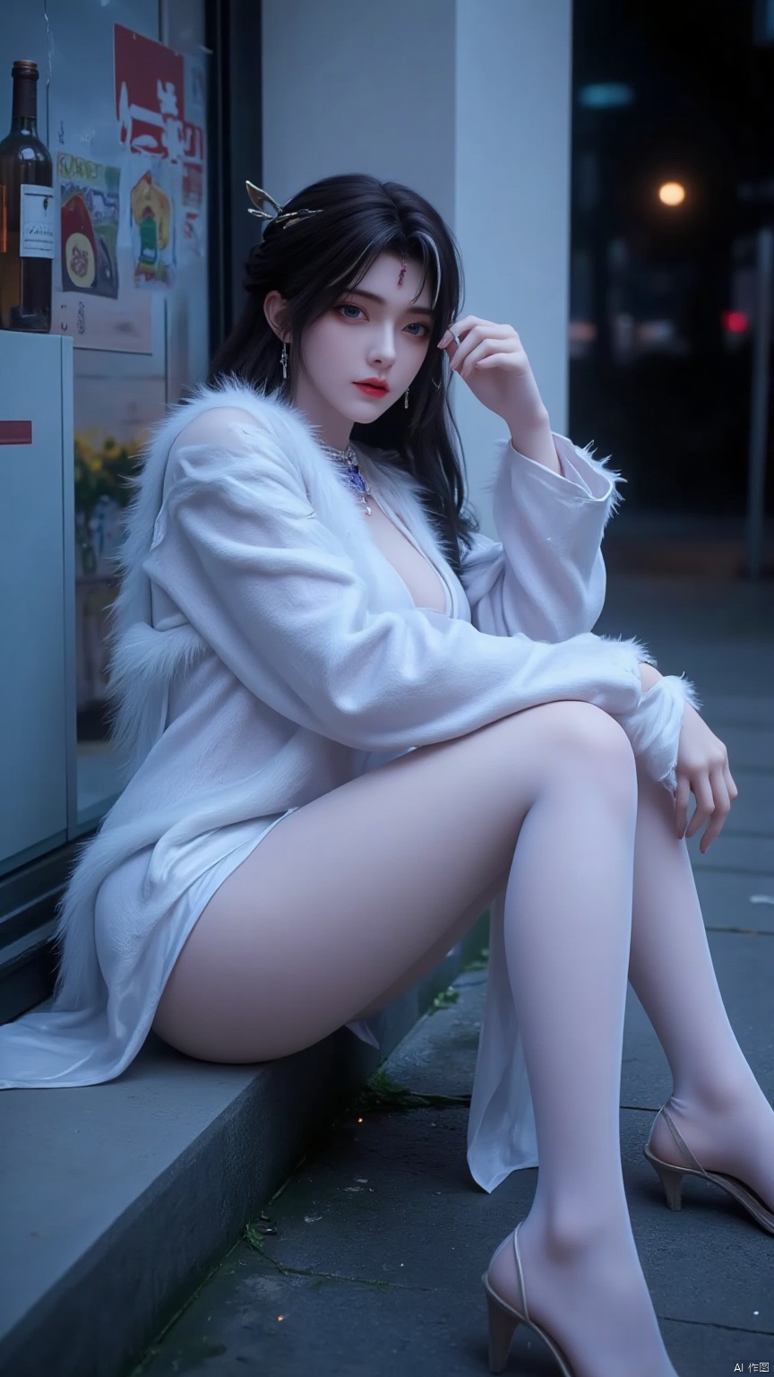 1 Girl, shot from the side and below, super low angle shot, a young female model of average height sitting on the ground with her hair hanging down to her shoulders. She wore a white fur coat with white pantyhose and earrings. Stylish and artistic, with a dark blue vibe. The background is outdoors, street, window, empty wine bottle, night, blurred background.