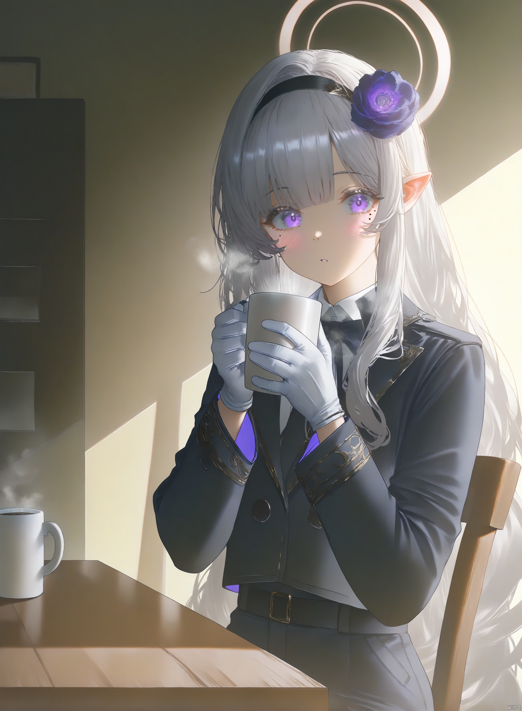 masterpiece, best quality, high quality, extremely detailed CG unity 8k wallpaper, extremely detailed, High Detail, vibrant colors, anime style, cover art,masterpiece,best quality,good quality,newest,very aesthetic,absurdres,Visual impact,32K UHD,sharp focus,(mogumo:1.1),(good hands, nice hands:0.5),impactful picture,offcial art, masterpiece,absurdres,newest,masterpiece,best quality,extremely detailed,(illustration, official art:1.1),cowboy shot, 1girl, solo, long hair, looking at viewer, blush, bangs, hair ornament, gloves, long sleeves, holding, sitting, purple eyes, jacket, flower, white hair, hairband, pointy ears, white gloves, hair flower, mole, cup, mole under eye, halo, black hairband, steam, holding cup, mug, coffee