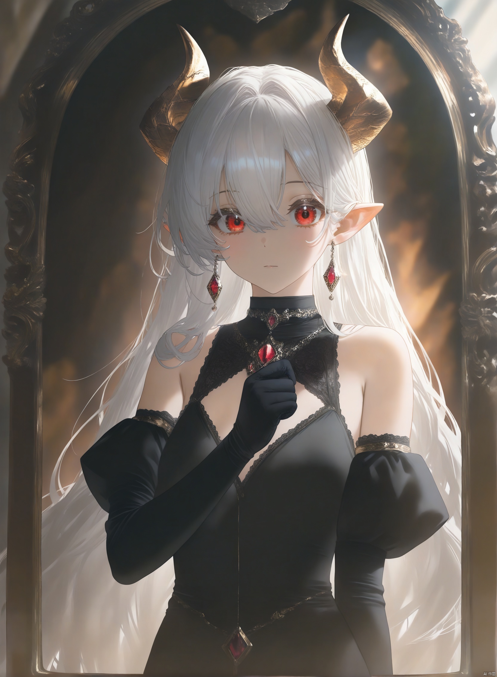 masterpiece,best quality,illustration,depth of field,masterpiece,best quality,good work,illustration,depth of field,cowboy shot,((best quality)),((masterpiece)),1girl, solo, long hair, looking at viewer, bangs, red eyes, gloves, long sleeves, dress, hair between eyes, bare shoulders, jewelry, very long hair, closed mouth, upper body, white hair, earrings, detached sleeves, horns, pointy ears, black gloves, hand up, black dress, hair intakes, demon horns, gem, picture frame, painting \(object\), portrait \(object\)