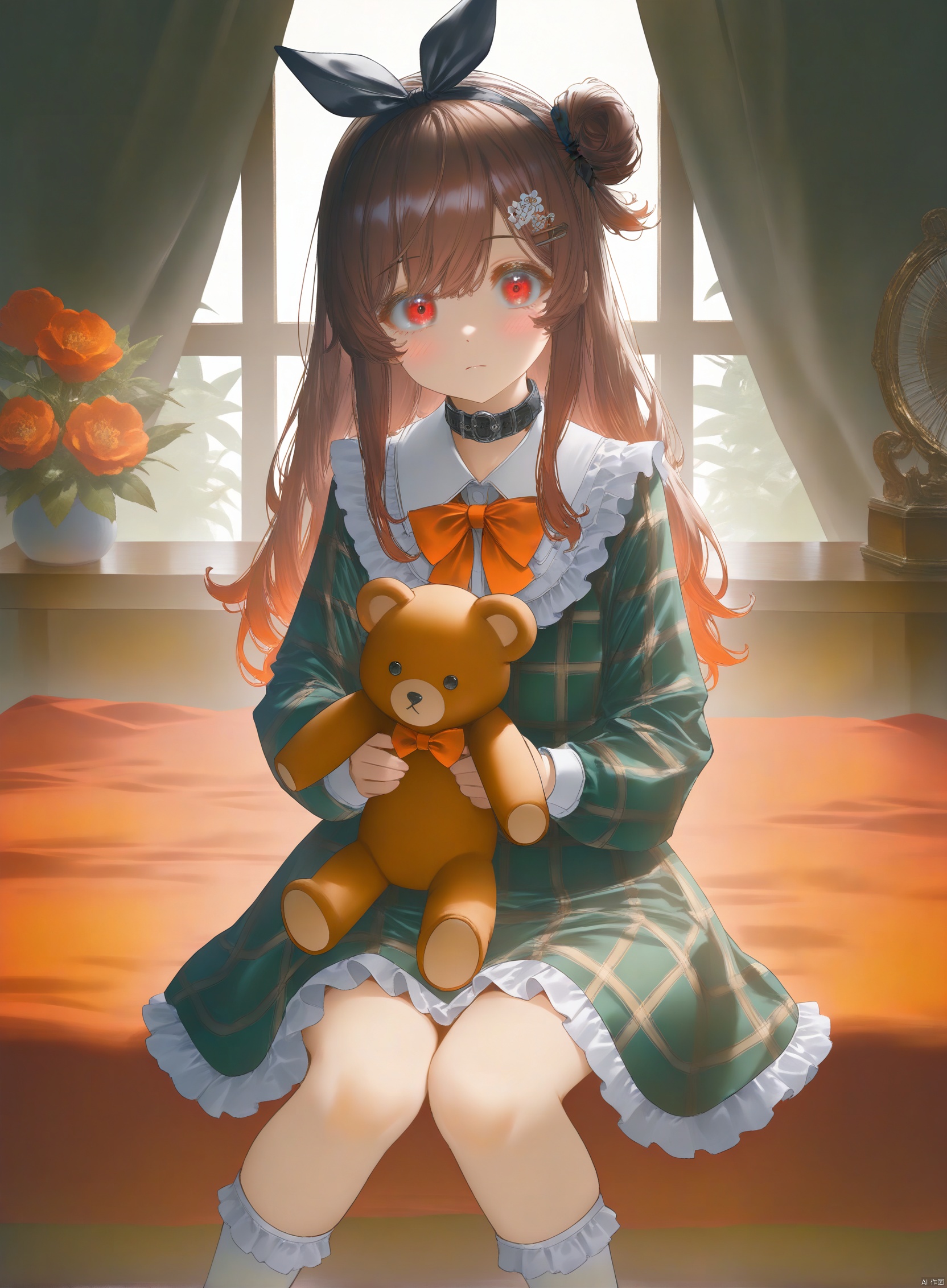 masterpiece, best quality, high quality, extremely detailed CG unity 8k wallpaper, extremely detailed, High Detail, vibrant colors, anime style, cover art,masterpiece,best quality,good quality,newest,very aesthetic,absurdres,Visual impact,32K UHD,sharp focus,(mogumo:1.1),(good hands, nice hands:0.5),impactful picture,offcial art, masterpiece,absurdres,newest,masterpiece,best quality,extremely detailed,(illustration, official art:1.1),1girl, stuffed animal, stuffed toy, solo, dress, long hair, sitting, looking at viewer, teddy bear, holding stuffed toy, long sleeves, hair ornament, hair bun, bow, green dress, orange bow, plaid, blush, socks, frills, bangs, closed mouth, holding, red eyes, orange bowtie, flower, feet out of frame, ribbon, hair ribbon, single side bun, green bow, brown hair, table, blanket, black ribbon, hairclip, collar, bowtie