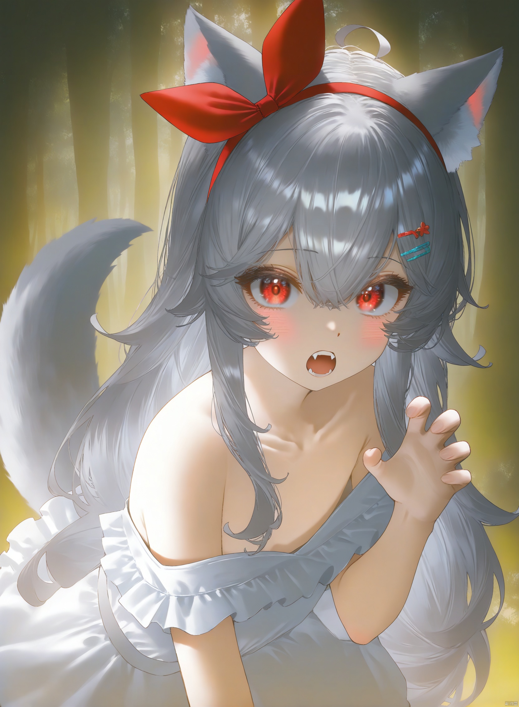 masterpiece, best quality, high quality, extremely detailed CG unity 8k wallpaper, extremely detailed, High Detail, vibrant colors, anime style, cover art,masterpiece,best quality,good quality,newest,very aesthetic,absurdres,Visual impact,32K UHD,sharp focus,(mogumo:1.1),(good hands, nice hands:0.5),impactful picture,offcial art, 1loli, solo, long hair, looking at viewer, blush, bangs, hair ornament, red eyes, dress, bow, hair between eyes, bare shoulders, very long hair, closed mouth, collarbone, upper body, ahoge, grey hair, hair bow, hairband, hairclip, off shoulder, white dress, strapless, red bow, red hairband, grey Wolf Ears,Forest background,solo,blush, open mouth, bangs, skirt, dress, bow, very long hair, frills, teeth, leaning forward, fangs, claw pose, grey wolf tail