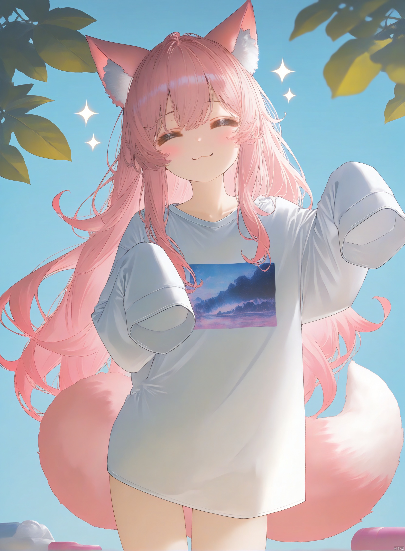 masterpiece, best quality, high quality, extremely detailed CG unity 8k wallpaper, extremely detailed, High Detail, vibrant colors, anime style, cover art,masterpiece,best quality,good quality,newest,very aesthetic,absurdres,Visual impact,32K UHD,sharp focus,(mogumo:1.1),(good hands, nice hands:0.5),impactful picture,offcial art, masterpiece,absurdres,newest,masterpiece,best quality,extremely detailed,(illustration, official art:1.1),masterpiece,best quality,high quality,good work, (best quality), illustration, depth of field, (color),masterpiece,best quality,petite,cute,loli, kawaii, mmd Style,1girl, animal ears, tail, :3, sparkle, solo, =_=, long hair, simple background, blue background, pink hair, oversized clothes, closed eyes, animal ear fluff, fox ears, fox tail, sleeves past fingers, blush, wolf ears, oversized shirt, long sleeves, sleeves past wrists, smile, long shirt, wolf tail,bottomless,
