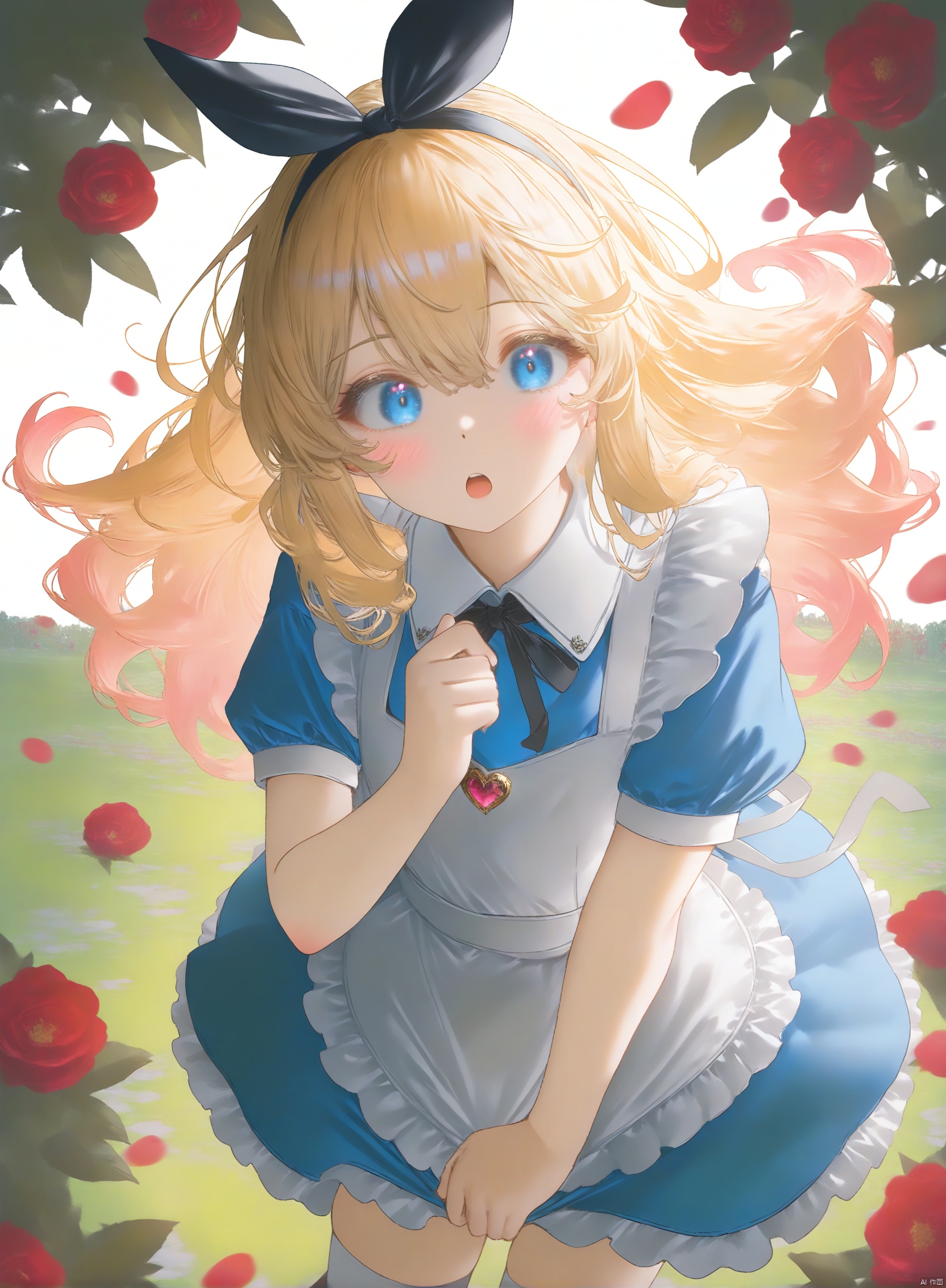 masterpiece, best quality, high quality, extremely detailed CG unity 8k wallpaper, extremely detailed, High Detail, vibrant colors, anime style, cover art,masterpiece,best quality,good quality,newest,very aesthetic,absurdres,Visual impact,32K UHD,sharp focus,(mogumo:1.1),(good hands, nice hands:0.5),impactful picture,offcial art, masterpiece,absurdres,newest,masterpiece,best quality,extremely detailed,(illustration, official art:1.1),(alice in wonderland:1.2), 1girl, blond hair, hair ribbon, cute, kawaii, (blush), expressionless, open mouth, thigh, (white background), in the garden