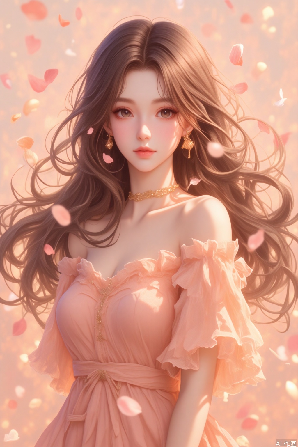 The image depicts a young woman with long, wavy brown hair, wearing a soft, peach-colored dress with ruffled sleeves. She is surrounded by floating, delicate petals in shades of pink and orange, creating a dreamy, ethereal atmosphere. The background is a blend of similar colors, giving the impression of a soft, warm, and serene environment. The overall composition and color palette evoke a sense of tranquility and beauty.,CGshaonv