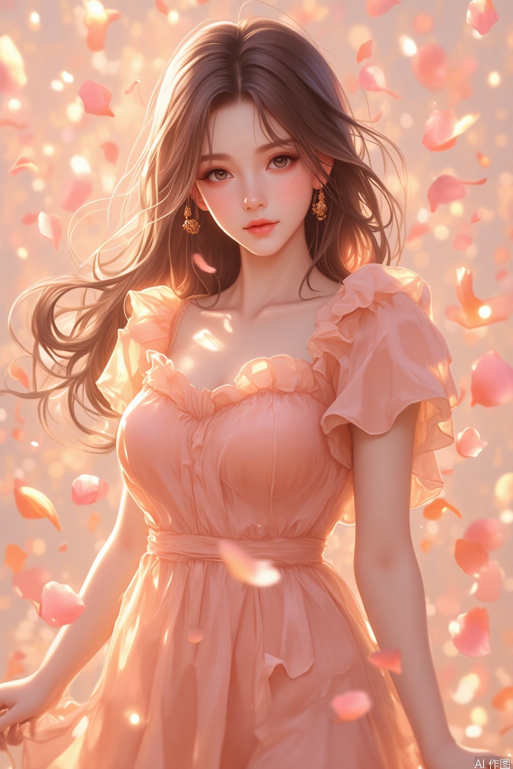 The image depicts a young woman with long, wavy brown hair, wearing a soft, peach-colored dress with ruffled sleeves. She is surrounded by floating, delicate petals in shades of pink and orange, creating a dreamy, ethereal atmosphere. The background is a blend of similar colors, giving the impression of a soft, warm, and serene environment. The overall composition and color palette evoke a sense of tranquility and beauty.,CGshaonv