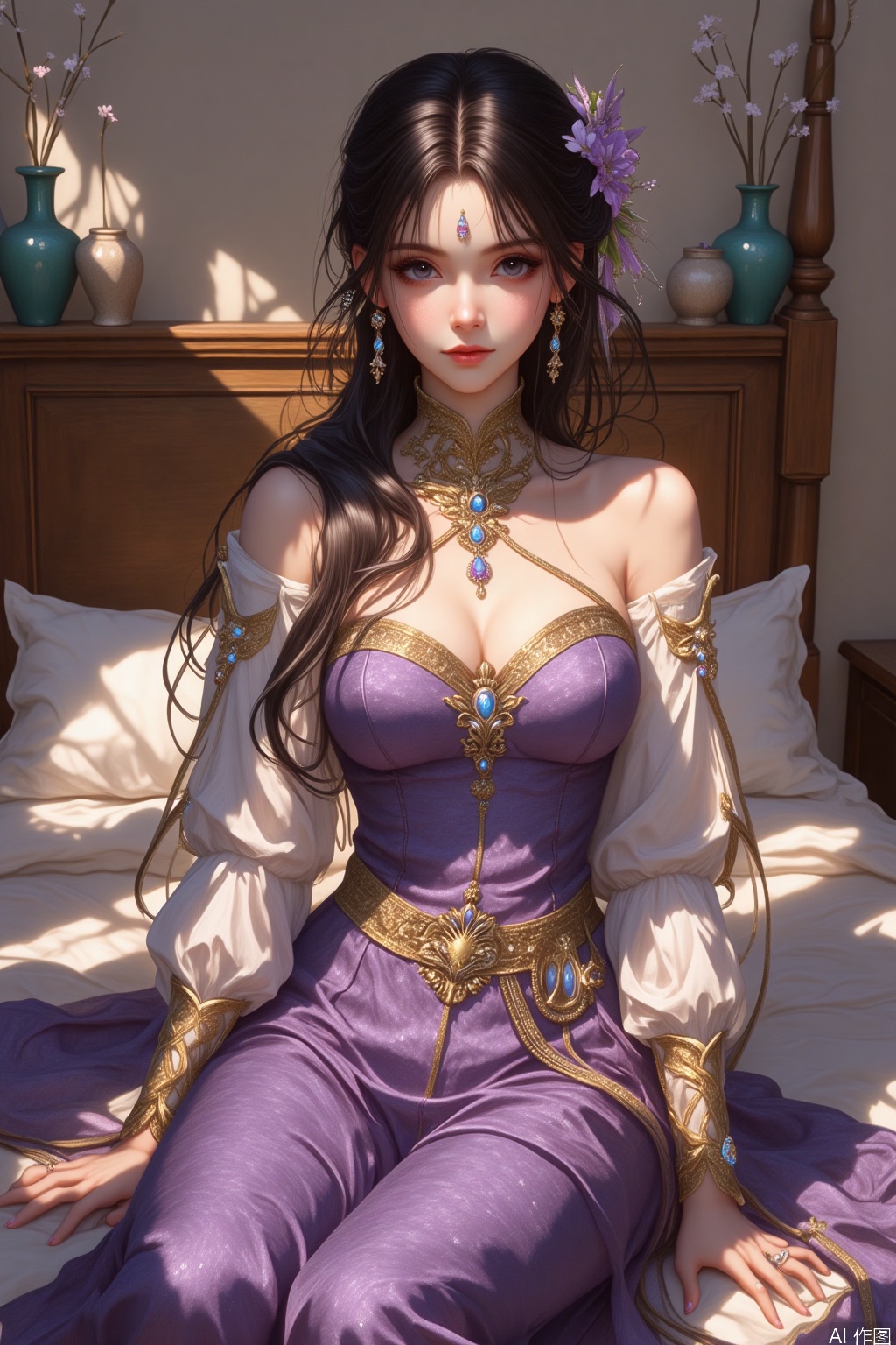 The image depicts a person sitting on a bed, dressed in an elaborate and elegant outfit. The individual is wearing a purple dress with white sleeves and a golden belt featuring intricate designs. The person has long, dark hair styled in braids, adorned with various decorative elements such as flowers and jewels. The background includes a wooden bed with pillows, and there are several vases placed on a surface behind the bed. The room is well-lit, with sunlight casting shadows on the walls and floor. The overall setting appears to be indoors, possibly in a bedroom or a similar space.