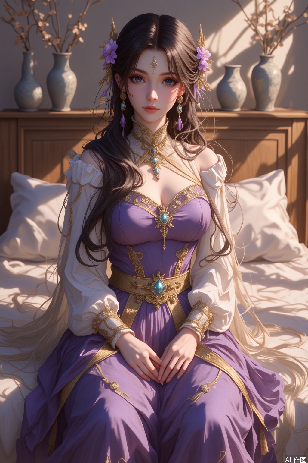 The image depicts a person sitting on a bed, dressed in an elaborate and elegant outfit. The individual is wearing a purple dress with white sleeves and a golden belt featuring intricate designs. The person has long, dark hair styled in braids, adorned with various decorative elements such as flowers and jewels. The background includes a wooden bed with pillows, and there are several vases placed on a surface behind the bed. The room is well-lit, with sunlight casting shadows on the walls and floor. The overall setting appears to be indoors, possibly in a bedroom or a similar space.