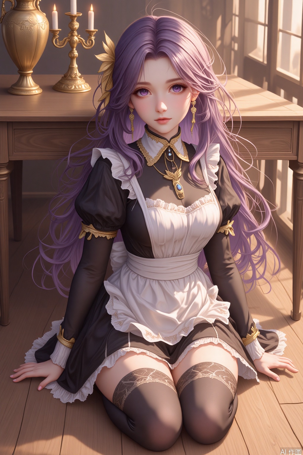 The image depicts a digitally rendered anime-style character sitting on the floor. She has long, flowing purple hair adorned with golden, leaf-like accessories. She is dressed in a black and white maid outfit with gold trim and lace details, including stockings and a necklace with a pendant. The background features a wooden floor and a table with ornate golden vases and a lit candlestick. The lighting is warm and soft, creating a cozy atmosphere.