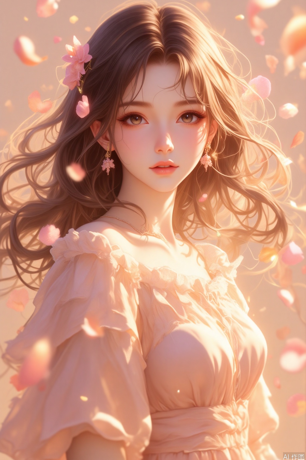 The image depicts a young woman with long, wavy brown hair, wearing a soft, peach-colored dress with ruffled sleeves. She is surrounded by floating, delicate petals in shades of pink and orange, creating a dreamy, ethereal atmosphere. The background is a blend of similar colors, giving the impression of a soft, warm, and serene environment. The overall composition and color palette evoke a sense of tranquility and beauty.,CGshaonv