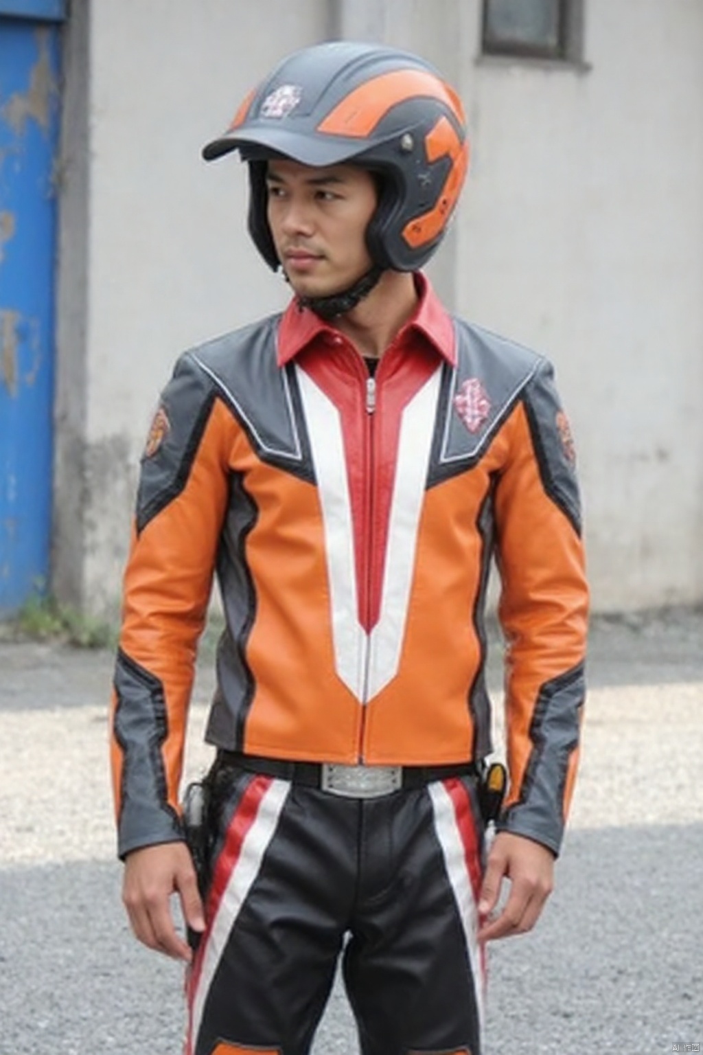 UGP,helmet,collar,belt,logo,uniform,jacket,pants,gloves,boots,emblem,orange jacket,grey pants,orange jacket with grey and white line,orange jacket with red collar,grey pants with white line