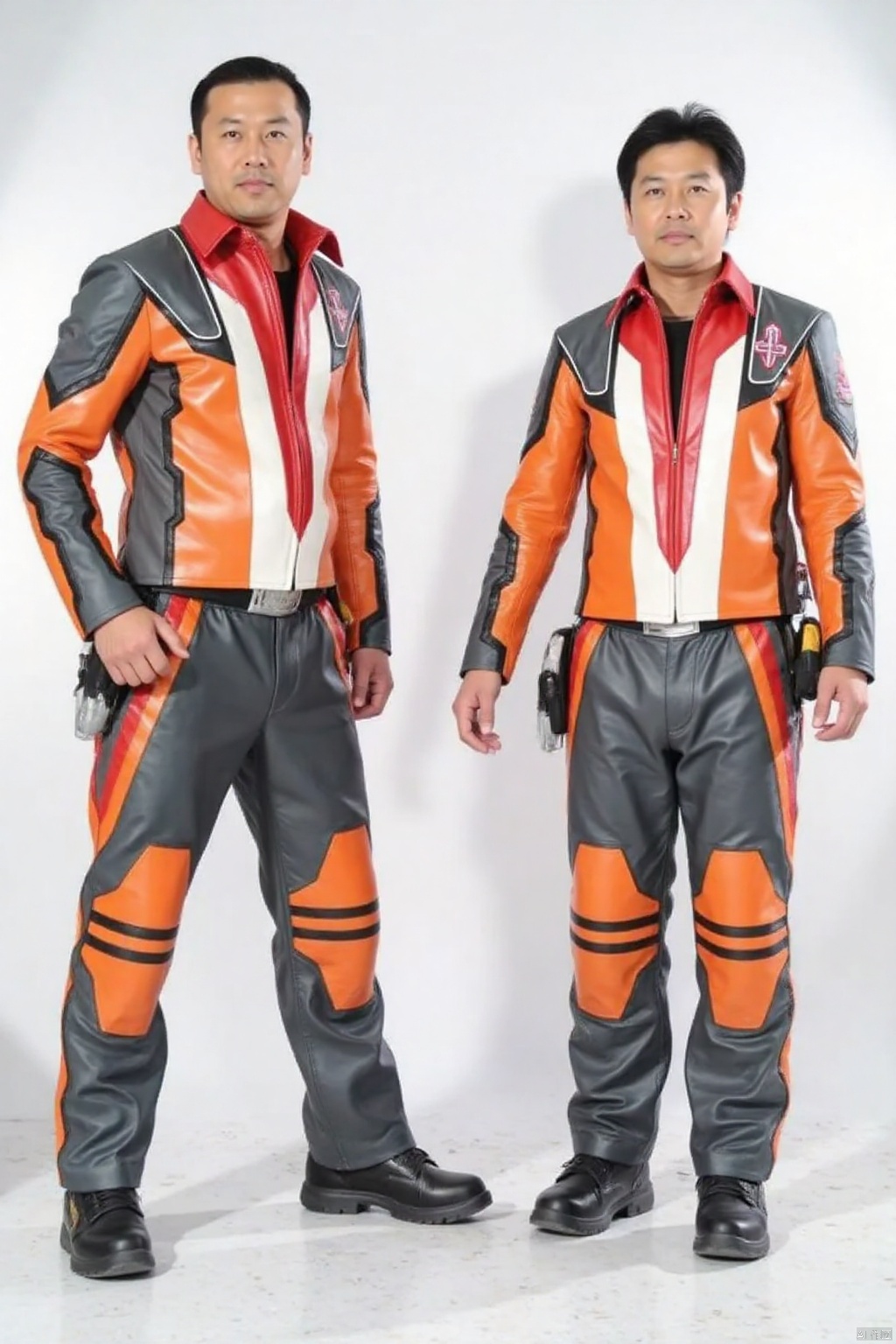 UGP,helmet,collar,belt,logo,uniform,jacket,pants,gloves,boots,emblem,orange jacket,grey pants,orange jacket with grey and white line,orange jacket with red collar,grey pants with white line