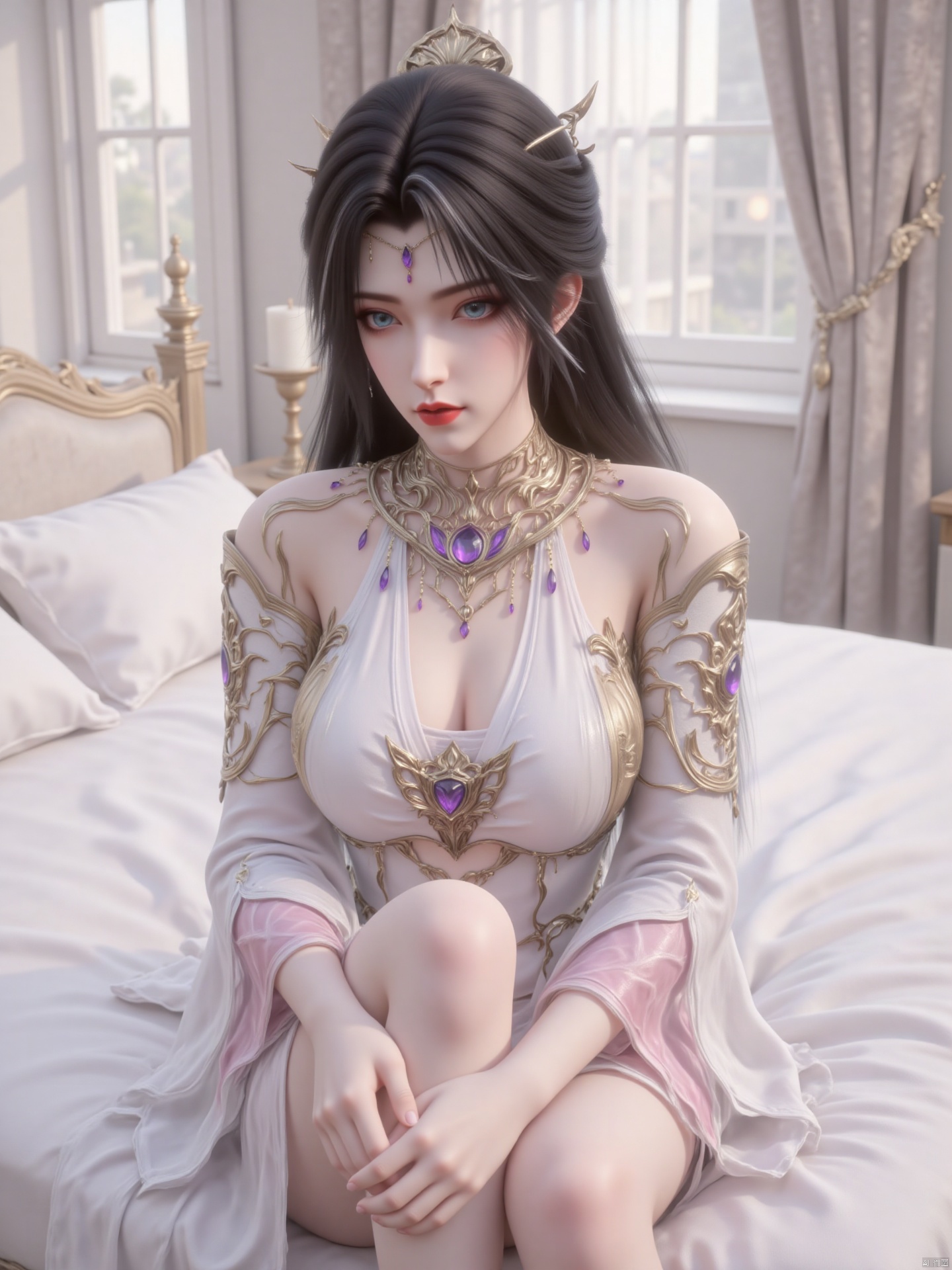 "This image depicts a digitally rendered character with long black hair and a golden headdress with a purple gem in the center. The character has eye-catching blue eyes and is wearing a complex ornate set of Clothing, including a white top with gold and purple adornment, and delicate arm and shoulder armor, posture: she sits on the white bed, her legs are slightly bent together, her hands are folded on her legs, her body is slightly Lean forward, look straight ahead, and your posture is elegant and natural.
Light and shadow: The picture adopts soft natural light, and light sprinkles from the windows, forming delicate changes in light and shadow on the characters, highlighting the texture of the skin and the texture of the clothes, creating a warm and soft atmosphere.
Art style: This is a realistic CG illustration. The facial details of the characters, hair and wrinkles of the clothes are depicted in a very realistic way, with a strong sense of visual reality.
Background: The background is a simple indoor environment, with white curtains, windows and beds, with uniform tones and blurred backgrounds, highlighting the main characters, making the overall picture clean and tidy. "
