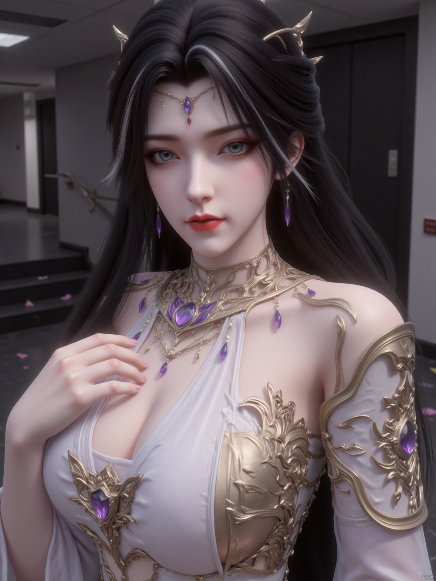"This image depicts a digitally rendered character with long black hair and a golden headdress with a purple gem in the center. The character has eye-catching blue eyes and is wearing a complex ornate set of Clothing, including a white top with gold and purple adornment, and delicate arm and shoulder armor, background
The background is a space for transition inside and outside, with dark floors, walls and stairs. The environment is simple and modern, highlighting the main body of the character and focusing the viewer's attention on the character image. "