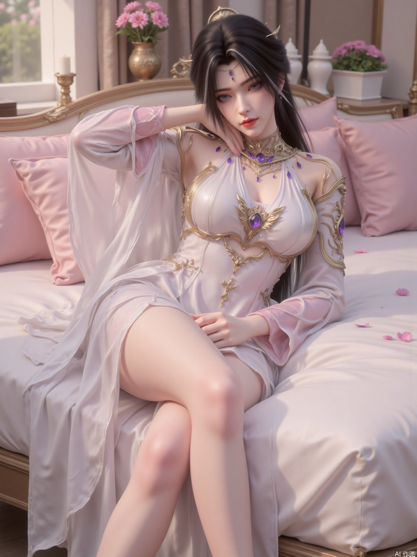 "Theme: The main body of the picture is a woman in gorgeous clothes. She has long black hair, exquisite headdresses and earrings, and her makeup is exquisite. The clothing is mainly white, paired with purple and gold accessories, on the clothes There are also exquisite clothing patterns. These patterns and decorations show nobility and elegance.
attitude
She lay on the bed, with one arm resting behind her head and the other arm naturally placed beside the bed, her legs straightened and her body stretched. Her eyes looked at the camera, revealing a lazy and charming temperament.
Light and shadow
The light is soft and warm, simulating the effect of natural light sprinkling on the bed through the windows, illuminating the main body of the character, forming a natural transition of light and shadow on the body, highlighting the facial contour, material feeling of clothing and body curves, creating a warm and comfortable atmosphere.
Art style
It belongs to a realistic style, and the facial details, hair, clothing textures, etc. of the characters are delicately portrayed. The texture is excellent, the color combination is harmonious and vivid, and the picture is real and vivid, as if it is a leisurely scene in daily life.
background
The background is an indoor bed scene, with pink pillows and white sheets on the bed, wooden countertops beside the bed, and containers with pink flowers are placed on it, and some petals are scattered on the ground. The overall environment is warm and romantic, contrasting with the characters. "