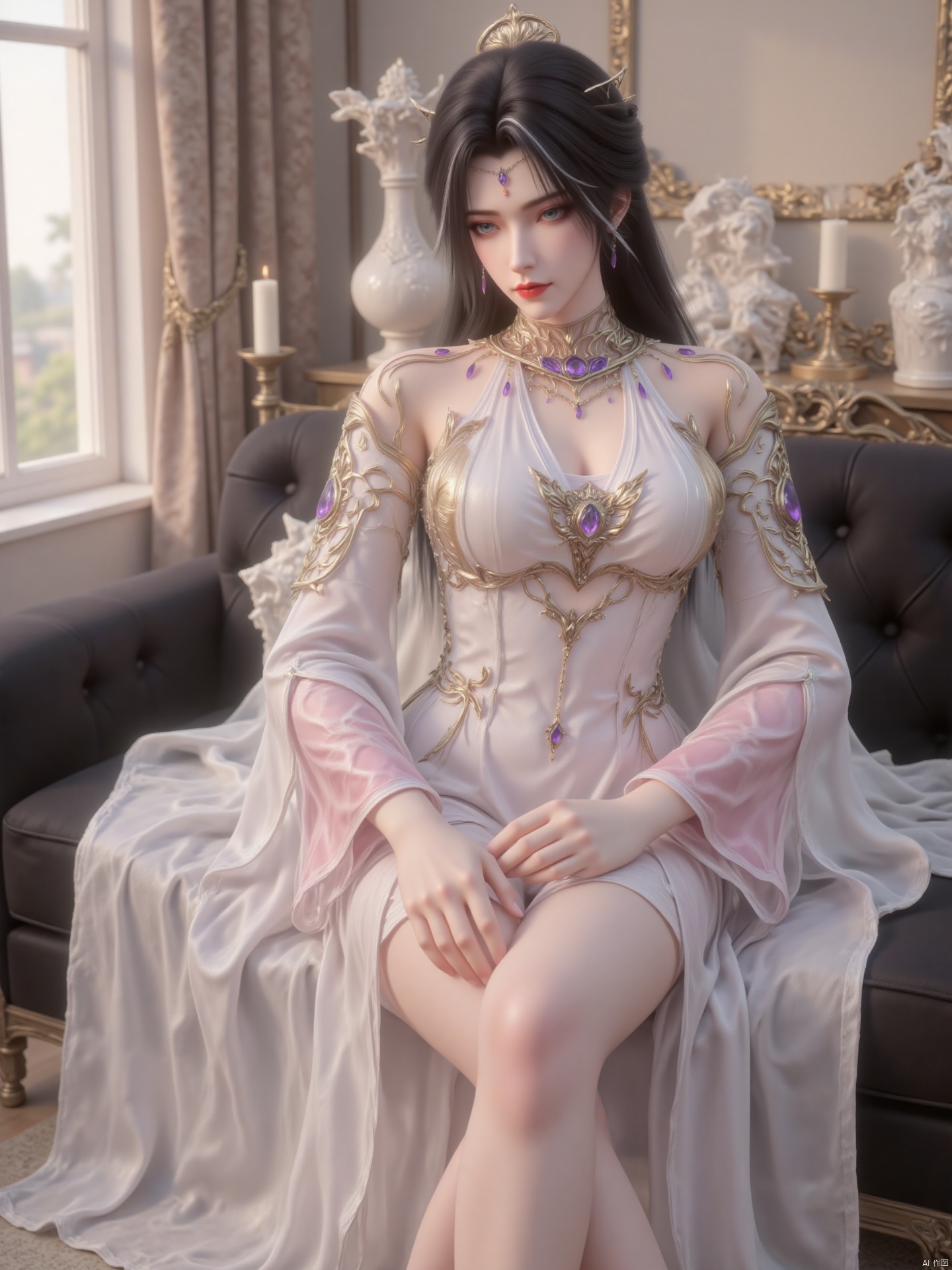 "Theme: The main body of the picture is a woman in gorgeous clothes. She has long black hair, exquisite headdresses and earrings, and her makeup is exquisite. The clothing is mainly white, paired with purple and gold accessories, on the clothes There are also exquisite clothing patterns. These patterns and decorations show nobility and elegance.
attitude
She sat lazily on the black sofa, with one hand on her head and the other on her legs, leaning back slightly, looking at the camera, revealing a charming and casual temperament.
Light and shadow
The light is soft, mainly for warm indoor light, which is lighted from the sides and above to illuminate the main body of the character, forming a natural shadow on the body, highlighting the facial contour and the texture of the clothes, creating a warm and comfortable atmosphere.
Art style
It belongs to a realistic style, and the facial details, hair, clothing textures, etc. of the characters are delicately portrayed. The texture is excellent, the color combination is harmonious, the picture is real and vivid, giving people a sense of reality in life scenes.
background
The background is an indoor scene, with beige curtains and white sculptures. The overall environment is simple and artistic, setting off the image of the characters and making the picture richer. "