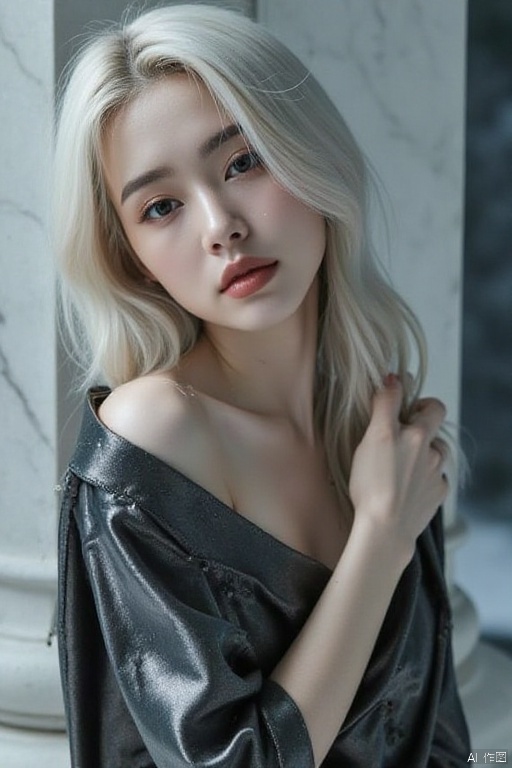 portraiture, a striking model draped in liquid mercury-like satin leans against a Carrara marble column, the fabric cascading into geometric pools of light reflected from hidden LED strips, her angular jawline accentuated by dual-axis rim lighting that traces platinum blonde hair strands against a misty onyx backdrop, microscopic water droplets glisten on frost-toned eyelids as directional airflow lifts the garment's trailing hem into suspended sculptural forms.