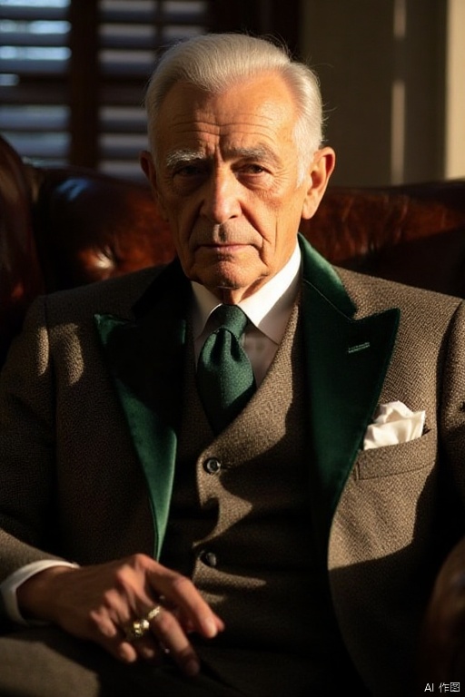 portraiture, an elderly gentleman in bespoke tweed three-piece suit sits throne-like on a weathered leather chesterfield, afternoon sunlight slicing through plantation shutters to illuminate whisky-hued eyes that mirror the patina of his signet ring, every wrinkle becomes a topographical map etched with golden hour glow while the velvet lapel's nap shifts between emerald and obsidian as he tilts into the chiaroscuro.