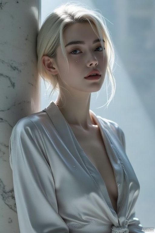 portraiture, a striking model draped in liquid mercury-like satin leans against a Carrara marble column, the fabric cascading into geometric pools of light reflected from hidden LED strips, her angular jawline accentuated by dual-axis rim lighting that traces platinum blonde hair strands against a misty onyx backdrop, microscopic water droplets glisten on frost-toned eyelids as directional airflow lifts the garment's trailing hem into suspended sculptural forms.