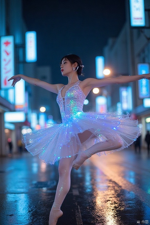portraiture, a dancer suspended mid-leap in holographic organza leotard becomes a prism refracting Tokyo nightscape lights, bioluminescent body paint pulsating in sync with rain-soaked neon signs reflected across wet asphalt beneath her arched feet, high-speed capture freezes every microdroplet splashing from her diamond-encrusted hairpins as they slice through the electric fog.