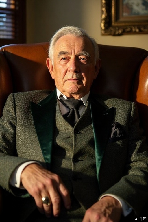 portraiture, an elderly gentleman in bespoke tweed three-piece suit sits throne-like on a weathered leather chesterfield, afternoon sunlight slicing through plantation shutters to illuminate whisky-hued eyes that mirror the patina of his signet ring, every wrinkle becomes a topographical map etched with golden hour glow while the velvet lapel's nap shifts between emerald and obsidian as he tilts into the chiaroscuro.